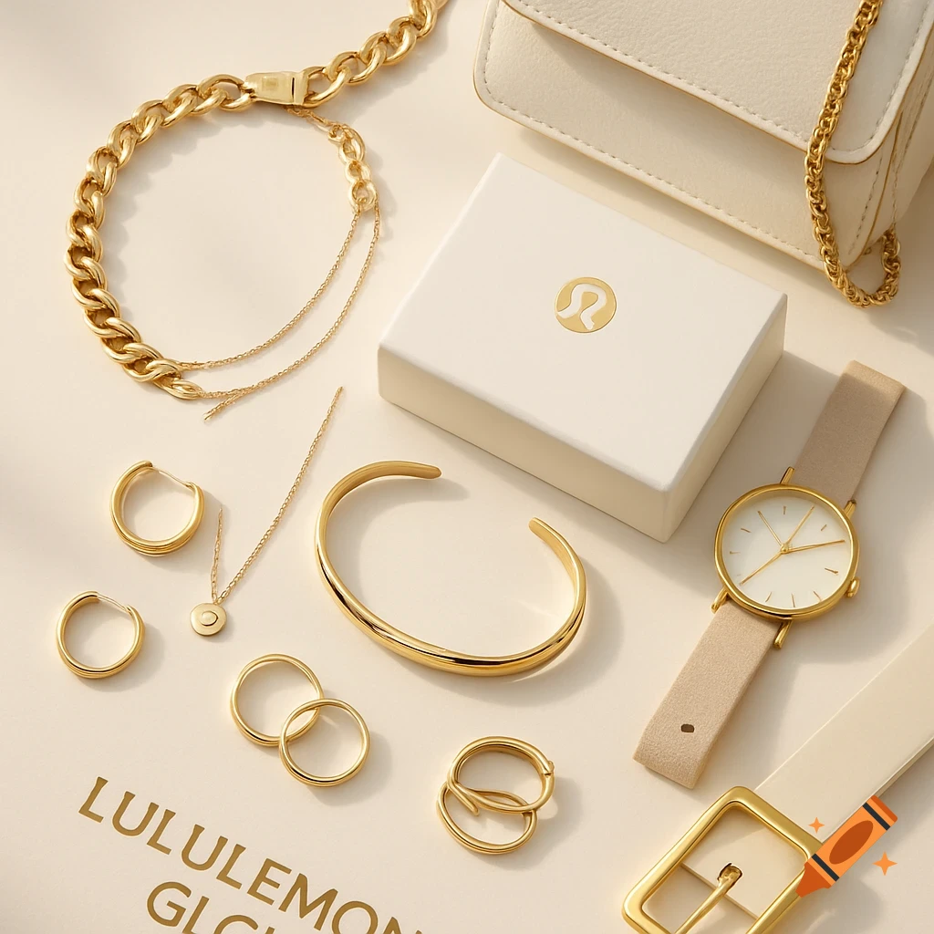 A luxury flat lay of gold Lululemon jewelry, watch, belt, and a white purse with gold accents on an ivory background.