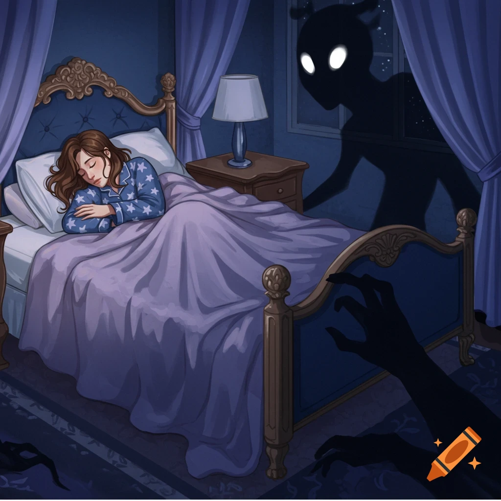 An illustration of a woman sleeping soundly in a bed while shadow monsters lurk from under the bed and outside the window.