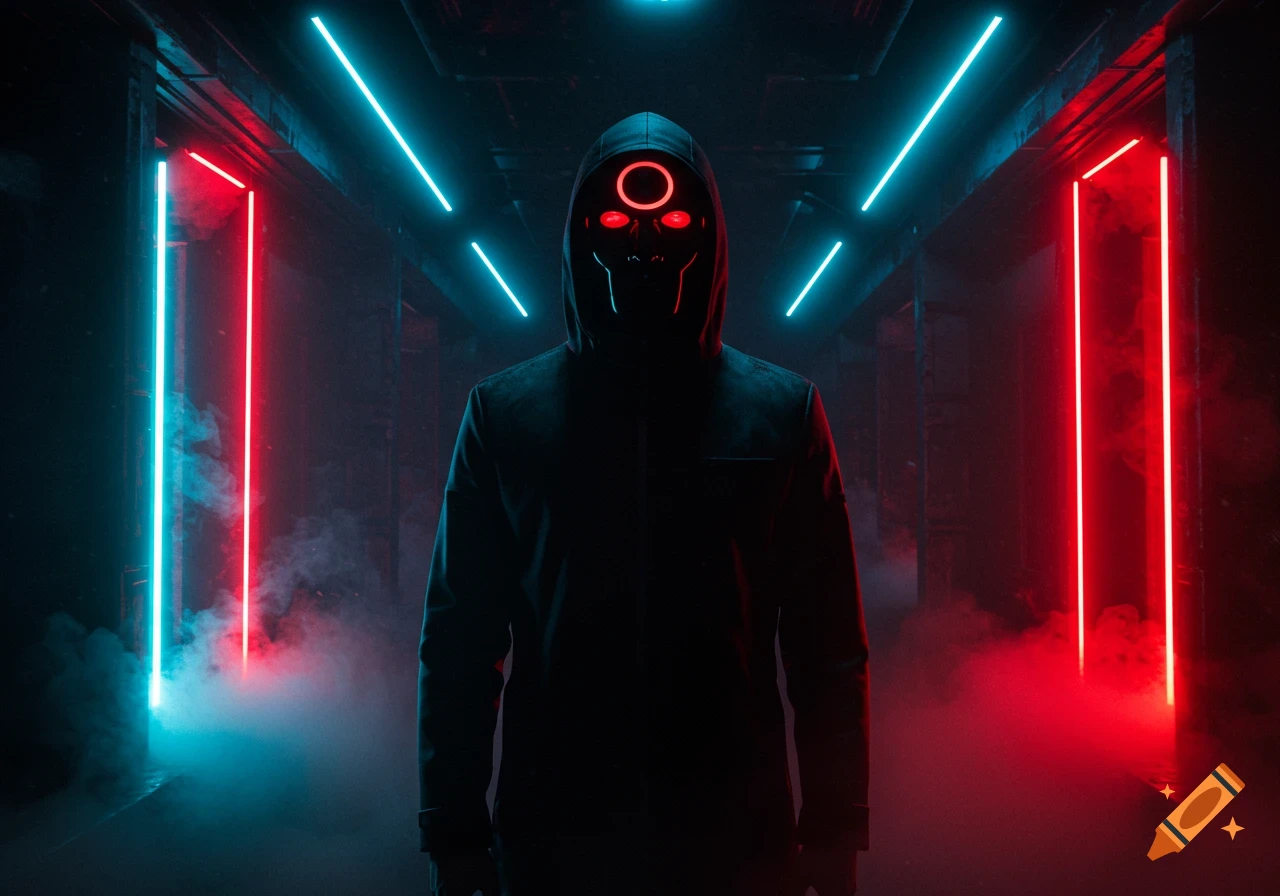 A masked figure with glowing red eyes and a symbol on its forehead stands in a dark, smoky corridor lit by red and blue neon lights.