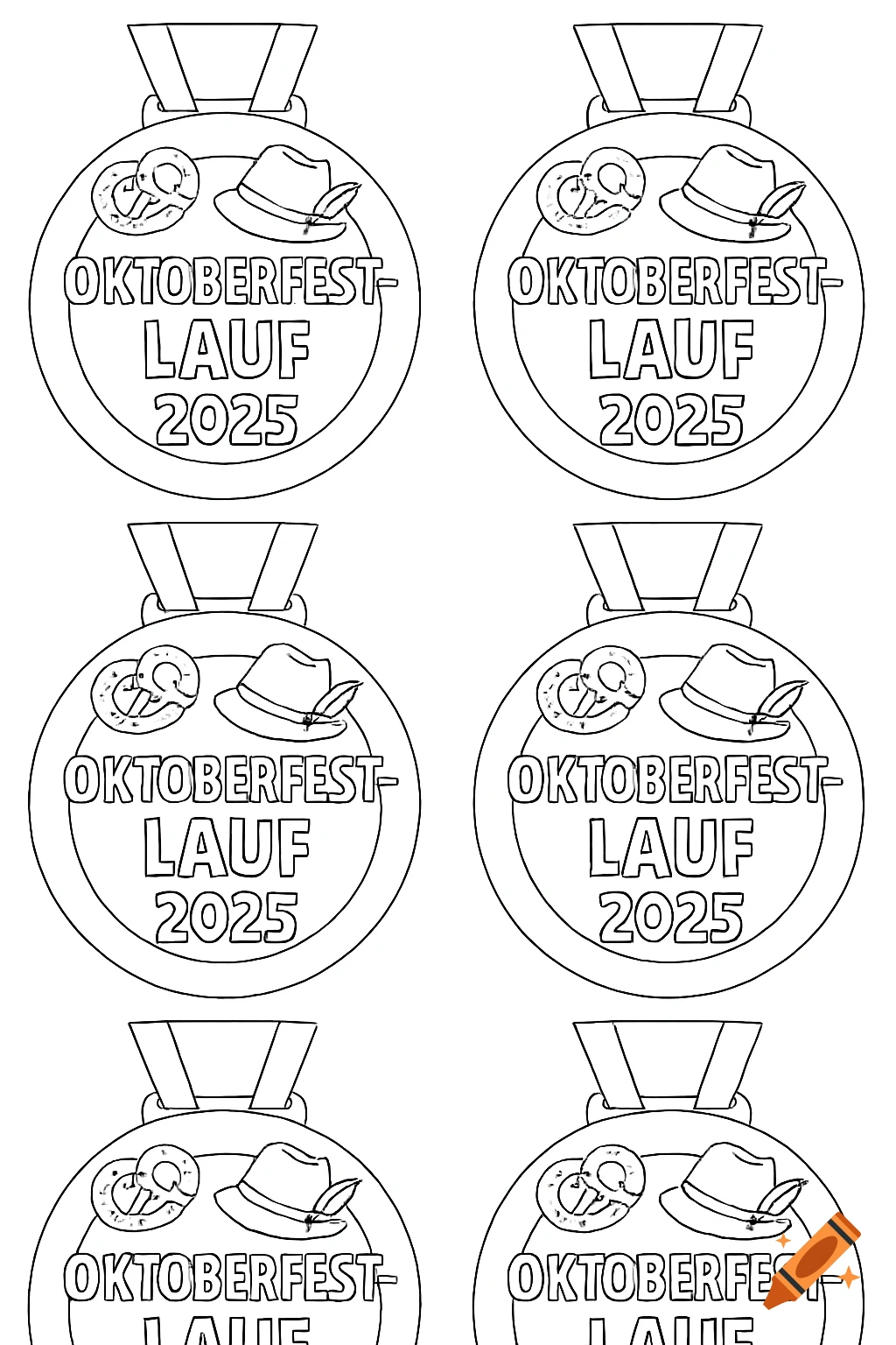 Six black and white outline drawings of Oktoberfest race medals, each with a pretzel, hat, and 'Oktoberfest-Lauf 2025' text.