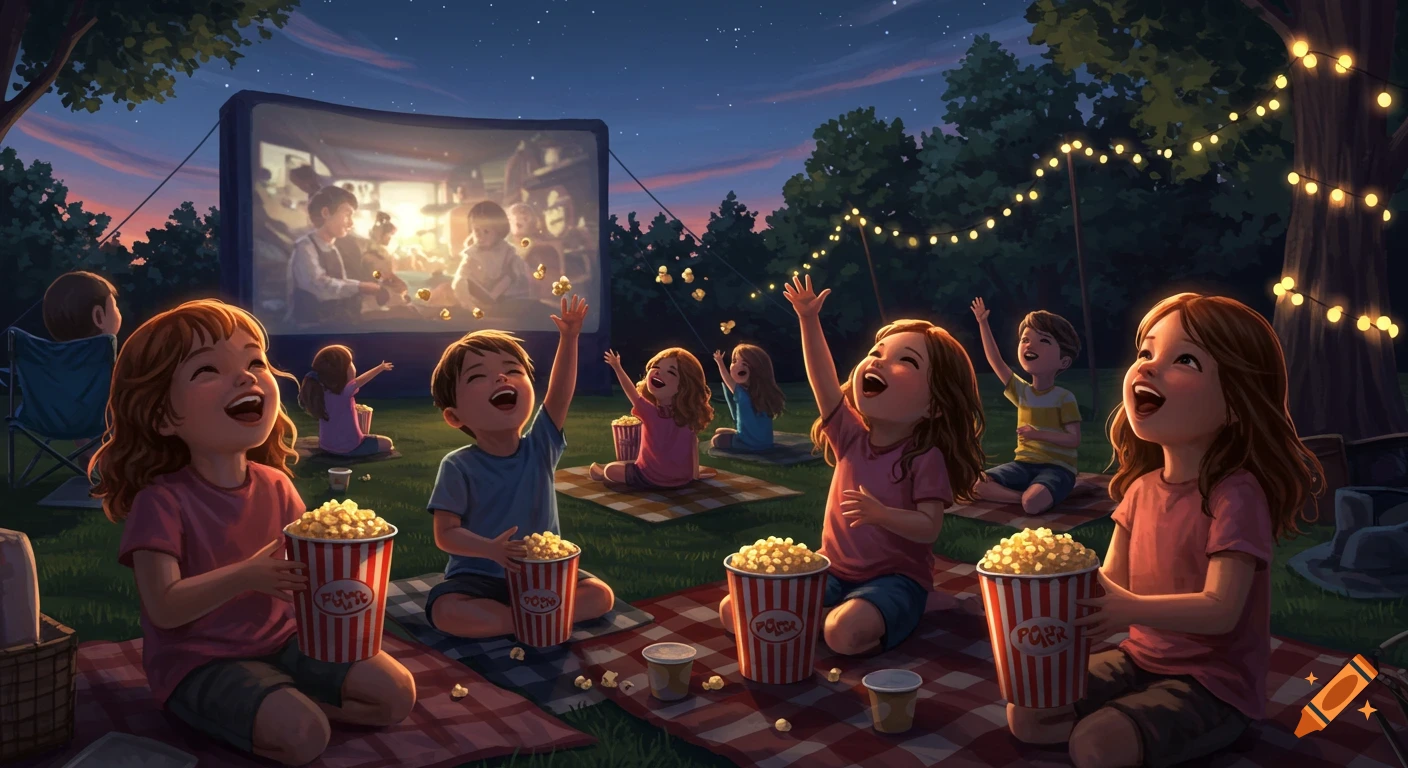 Happy children watch an outdoor movie at night, tossing popcorn in the air, with string lights in trees.