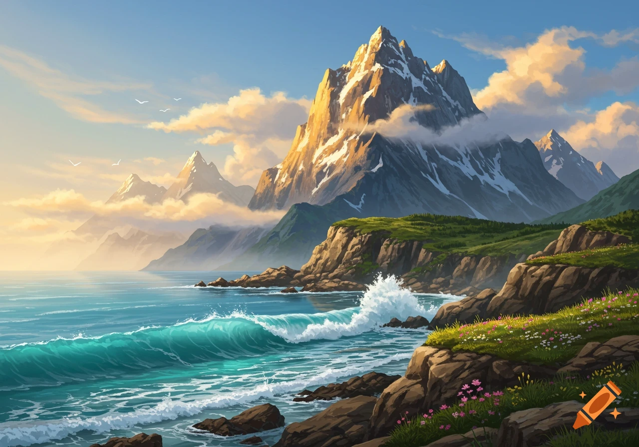 Vibrant painting of a rocky mountain coastline with turquoise waves and a sunlit, snow-capped peak.