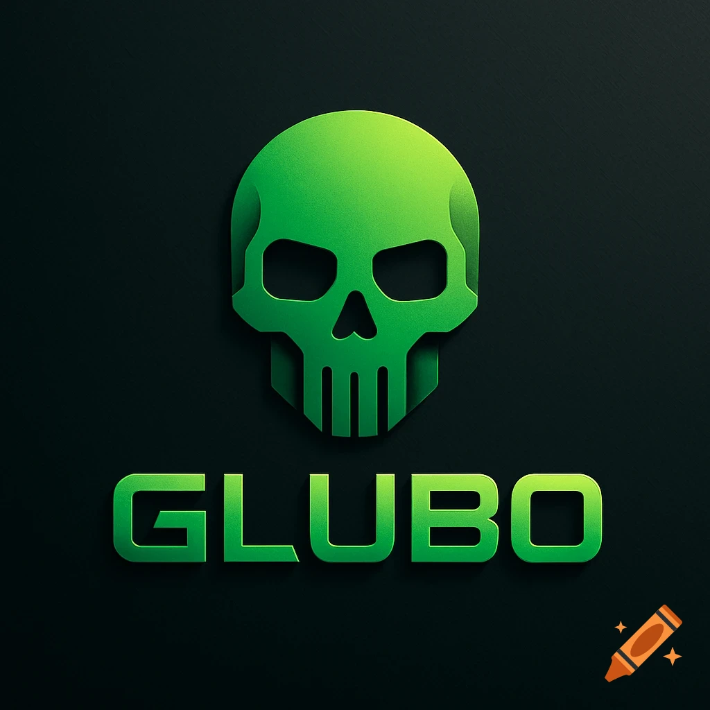 A vibrant green stylized skull logo with the word GLUBO beneath it on a dark background.