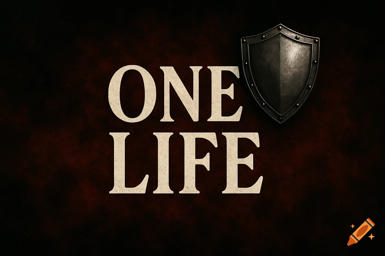 The words "ONE LIFE" in distressed ivory letters on a dark red and black grunge background, with a metallic shield in the upper right.