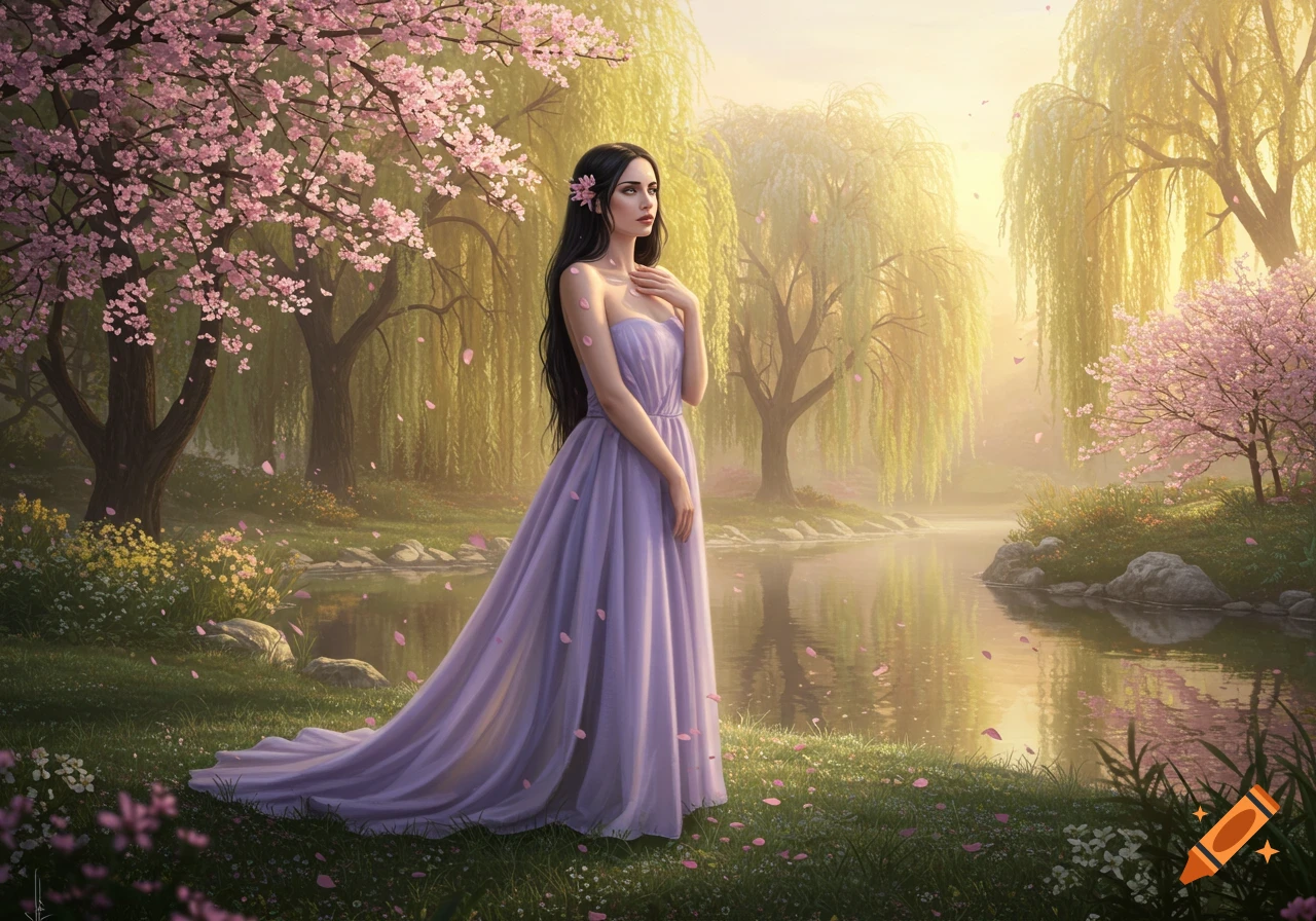 A woman in a purple dress stands by a river in a magical spring forest with falling cherry blossoms and golden light.