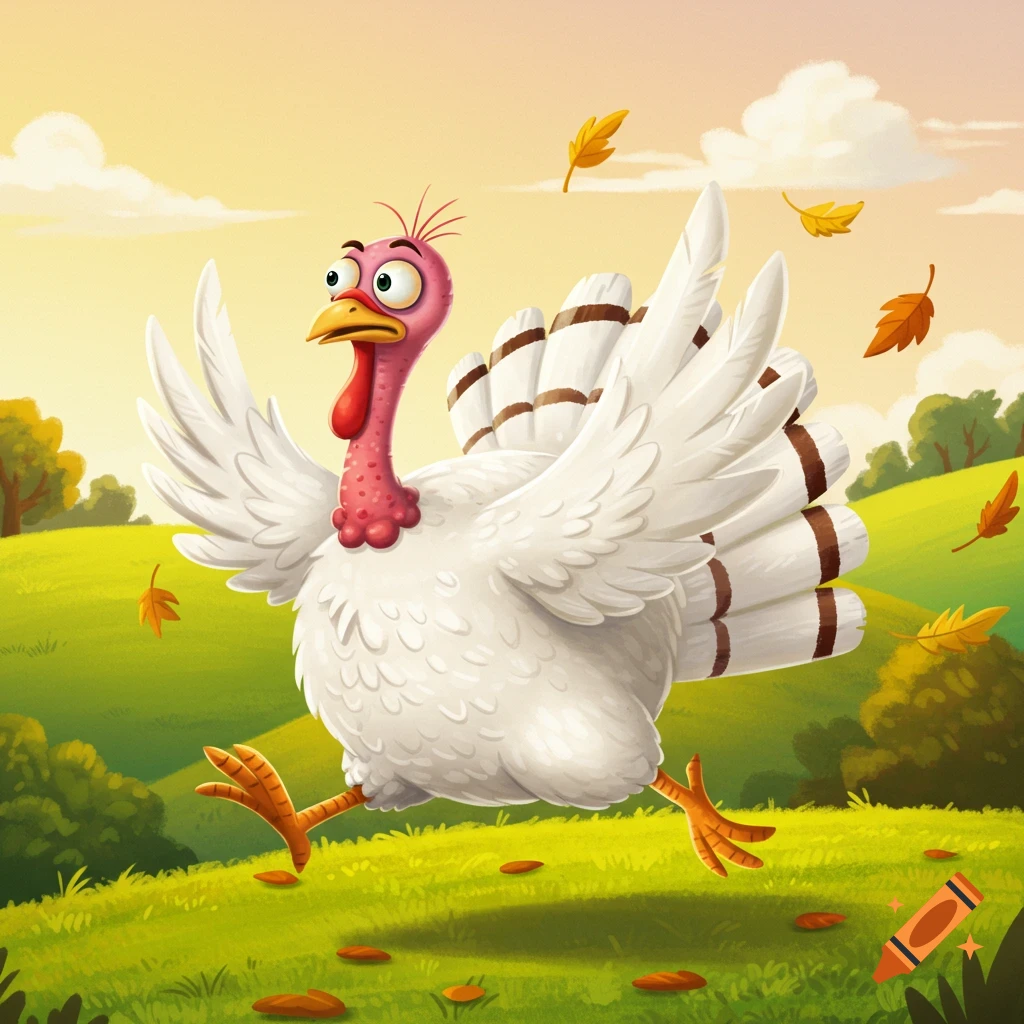 A comical white cartoon turkey with big eyes runs through a green field with autumn leaves falling.
