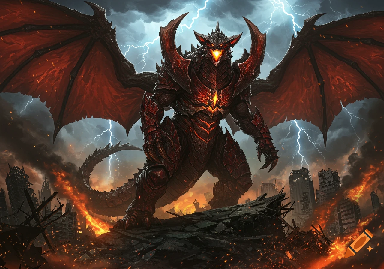 A giant red and black armored monster with large wings stands on rubble in a destroyed city, amidst fire and lightning.