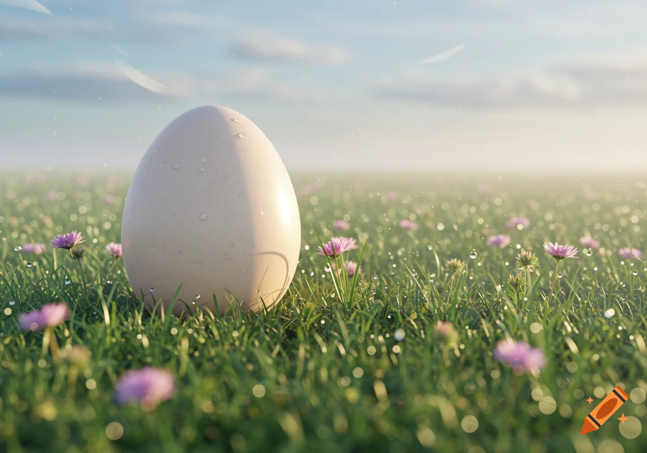 A large, smooth egg covered in dew drops sits in a lush green meadow with small purple flowers under a bright, misty sky.