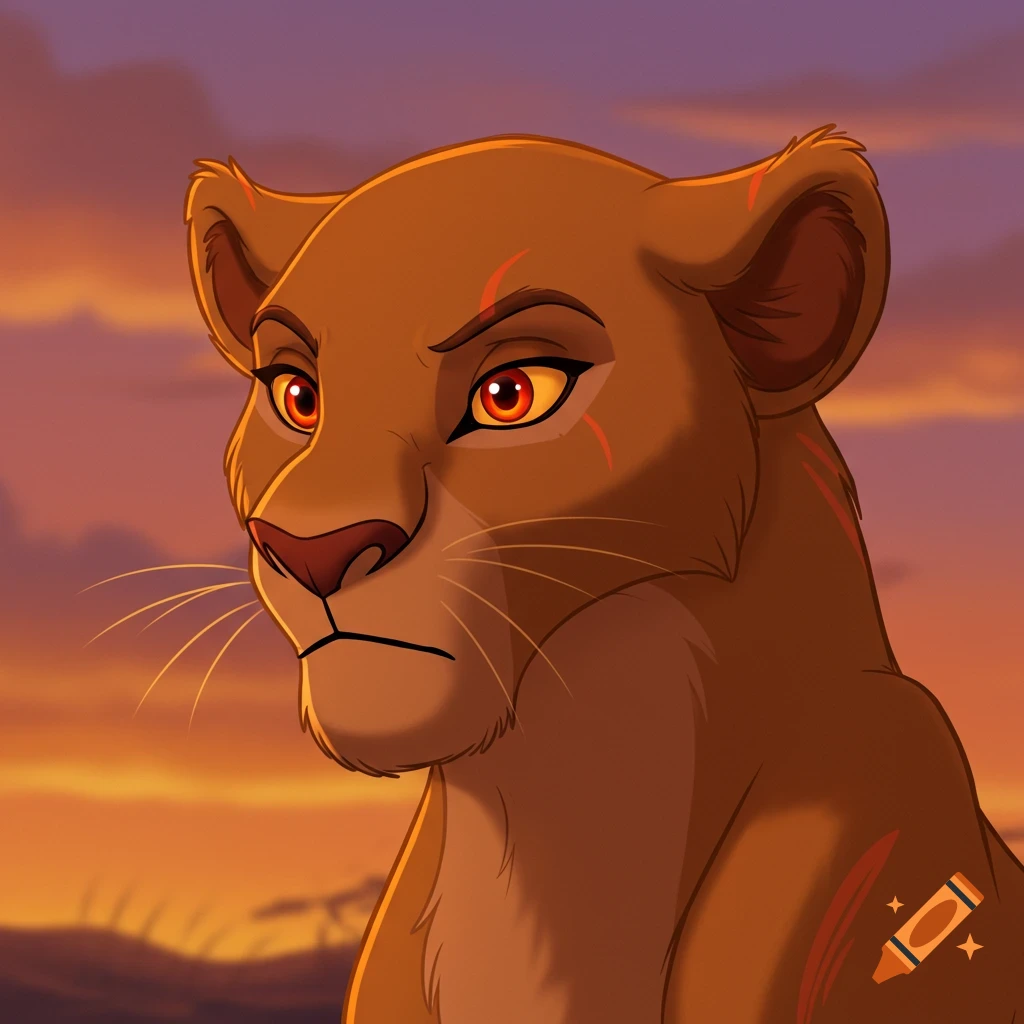 A 2D animated close-up of a serious brown lioness with amber eyes and facial scars, against a sunset sky.