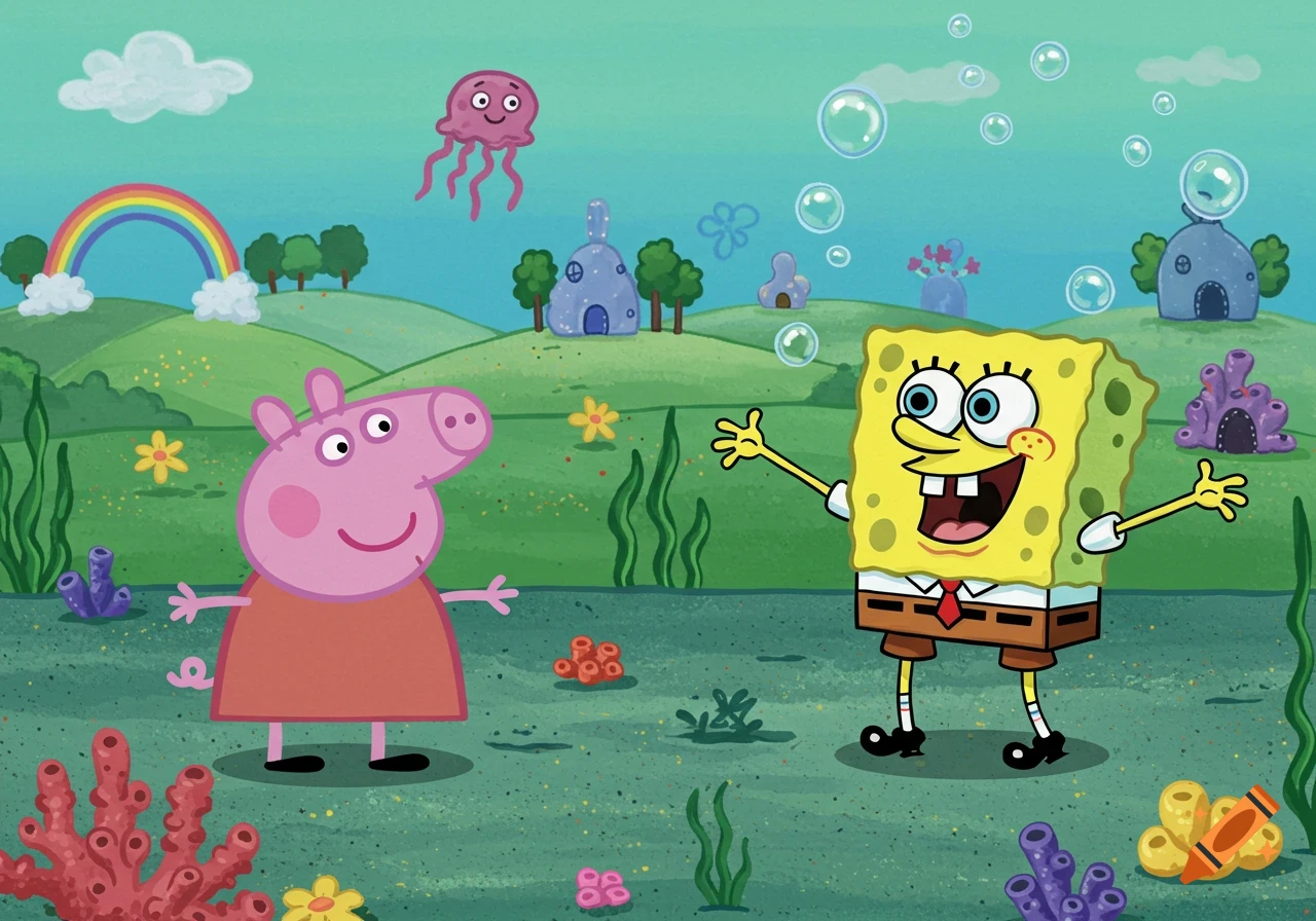 Peppa Pig and Spongebob in a colorful, whimsical underwater landscape with hills, houses, a rainbow, and a jellyfish.