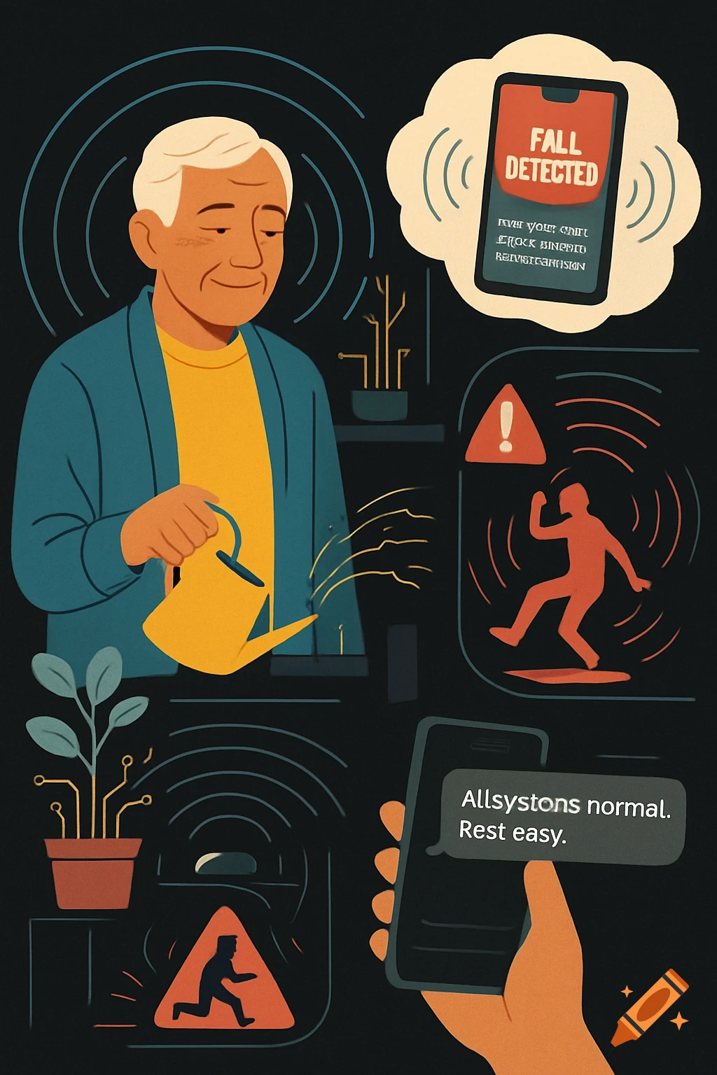 An illustration showing an elderly man watering plants, with elements depicting fall detection technology: a phone with "FALL DETECTED," a warning icon of a falling person, and another phone displaying "Allsystons normal. Rest easy."