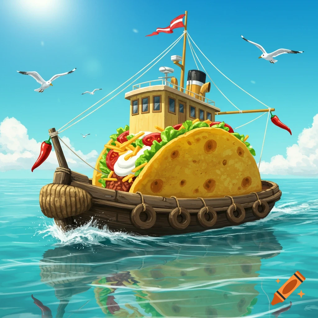 A whimsical illustration of a tugboat made from a giant taco, sailing on blue water with seagulls flying overhead.