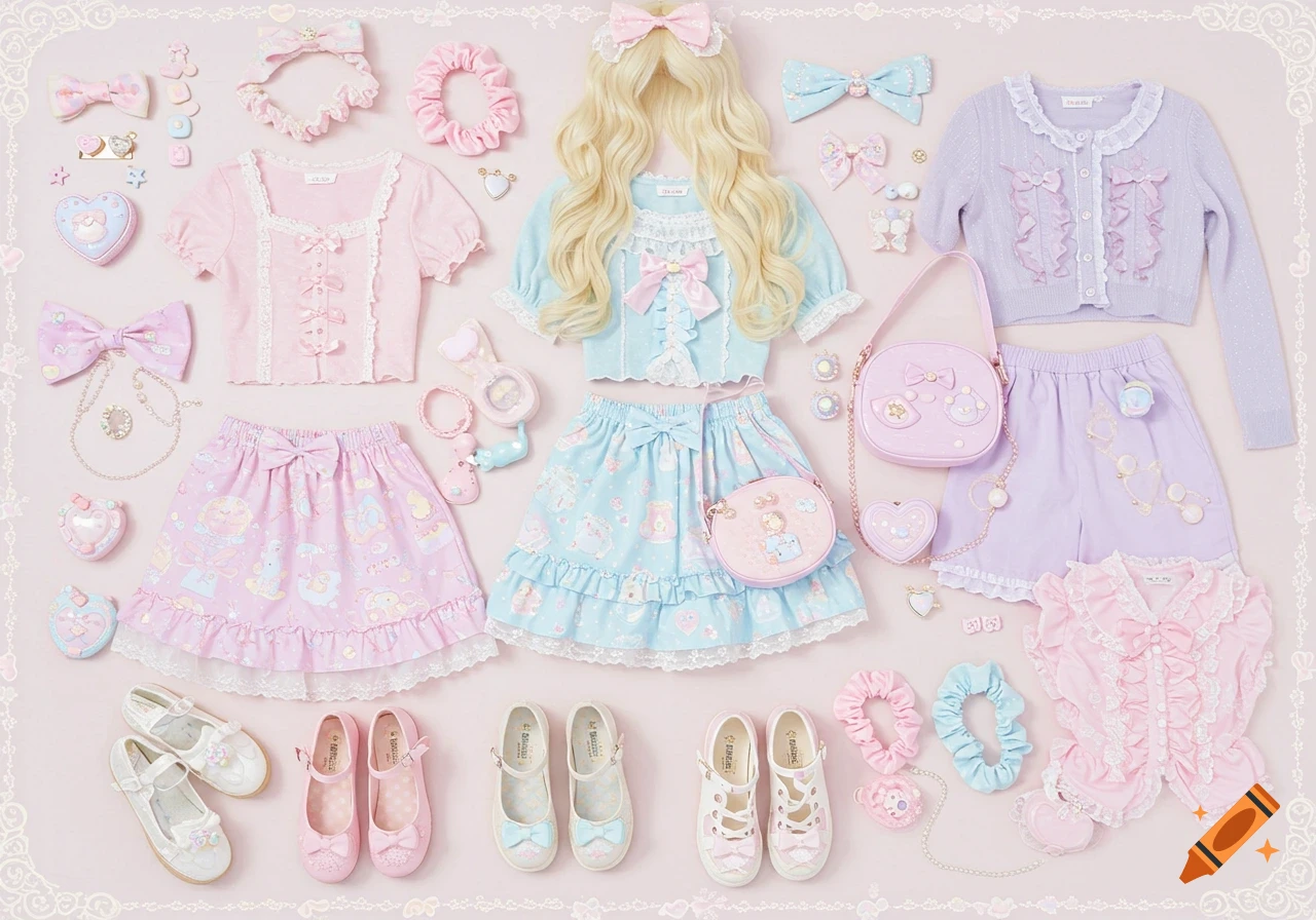 A flat lay of pastel pink, blue, and purple fashion items, including tops, skirts, shorts, shoes, bows, purses, and jewelry.
