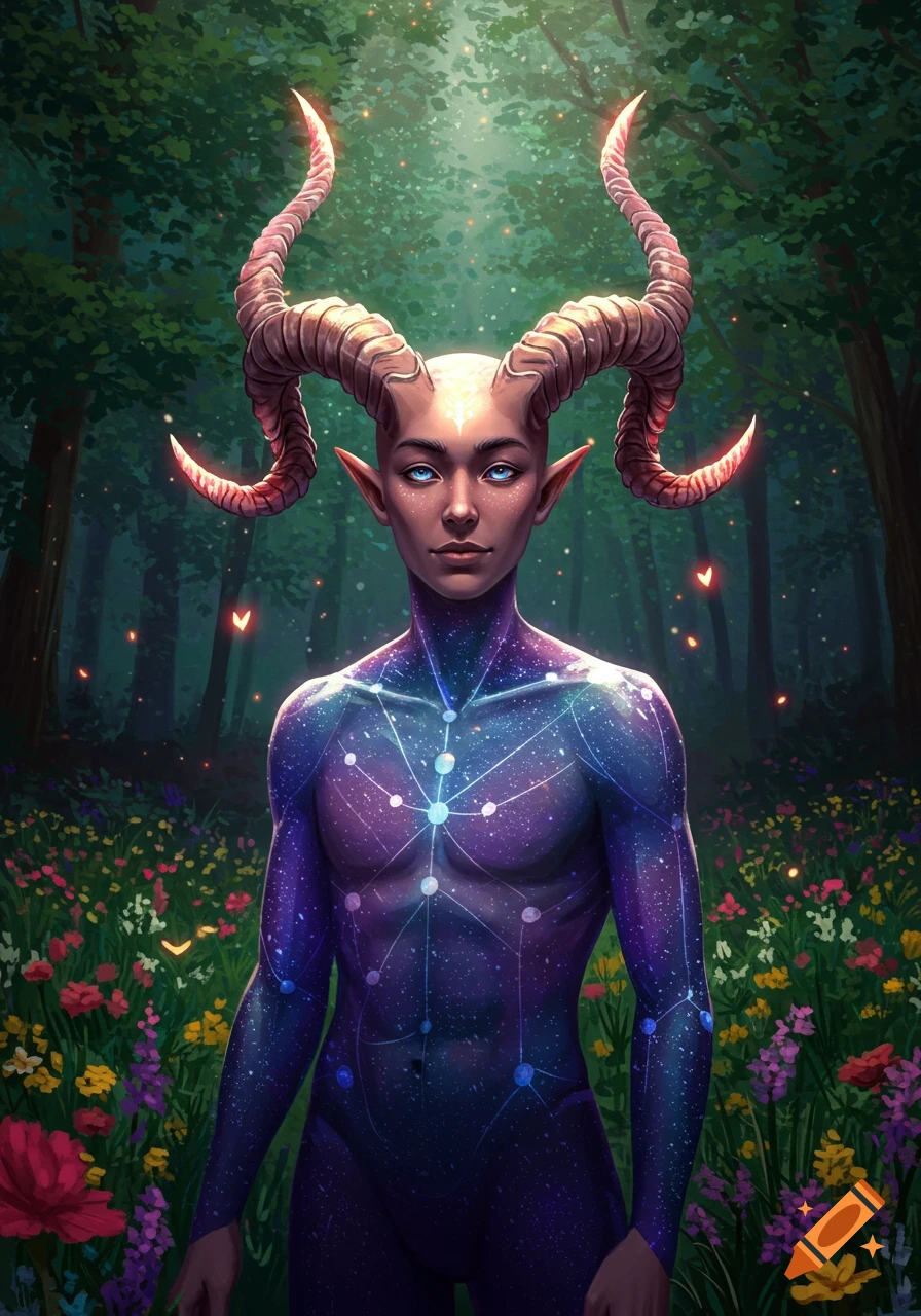 A fantastical horned being with a galaxy-patterned body stands in an enchanted forest filled with wildflowers.