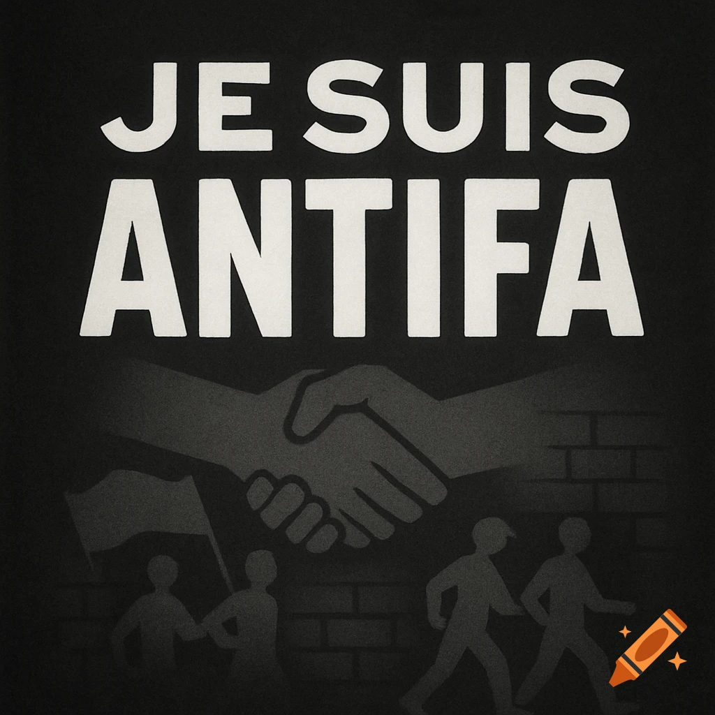A black and white graphic poster with the text 'JE SUIS ANTIFA' above a handshake and silhouettes of marching people.
