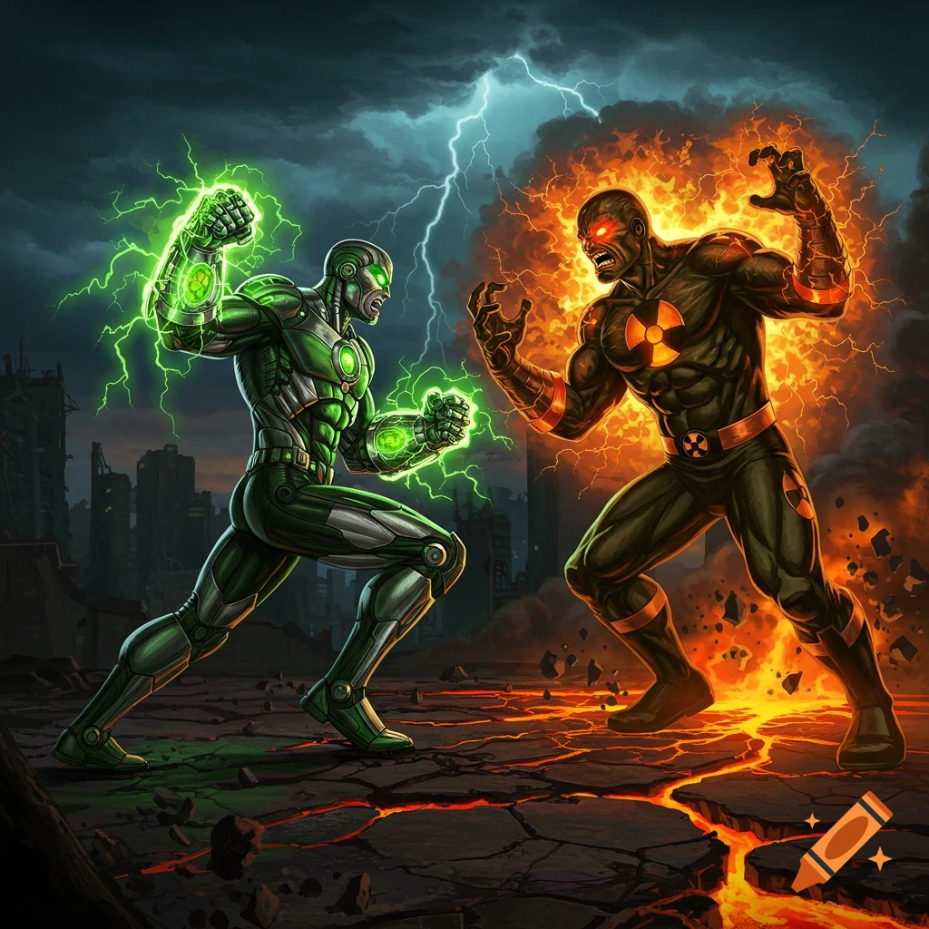 Two comic book superheroes, one green and electric, the other dark with a glowing nuclear symbol, battle in a ruined city.