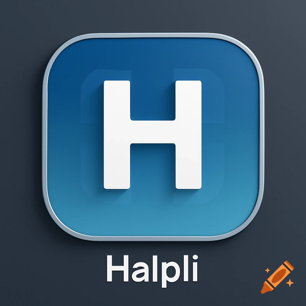 A blue gradient rounded square app icon with a white letter H, above the word 'Halpli' in white text, all on a dark gray background.