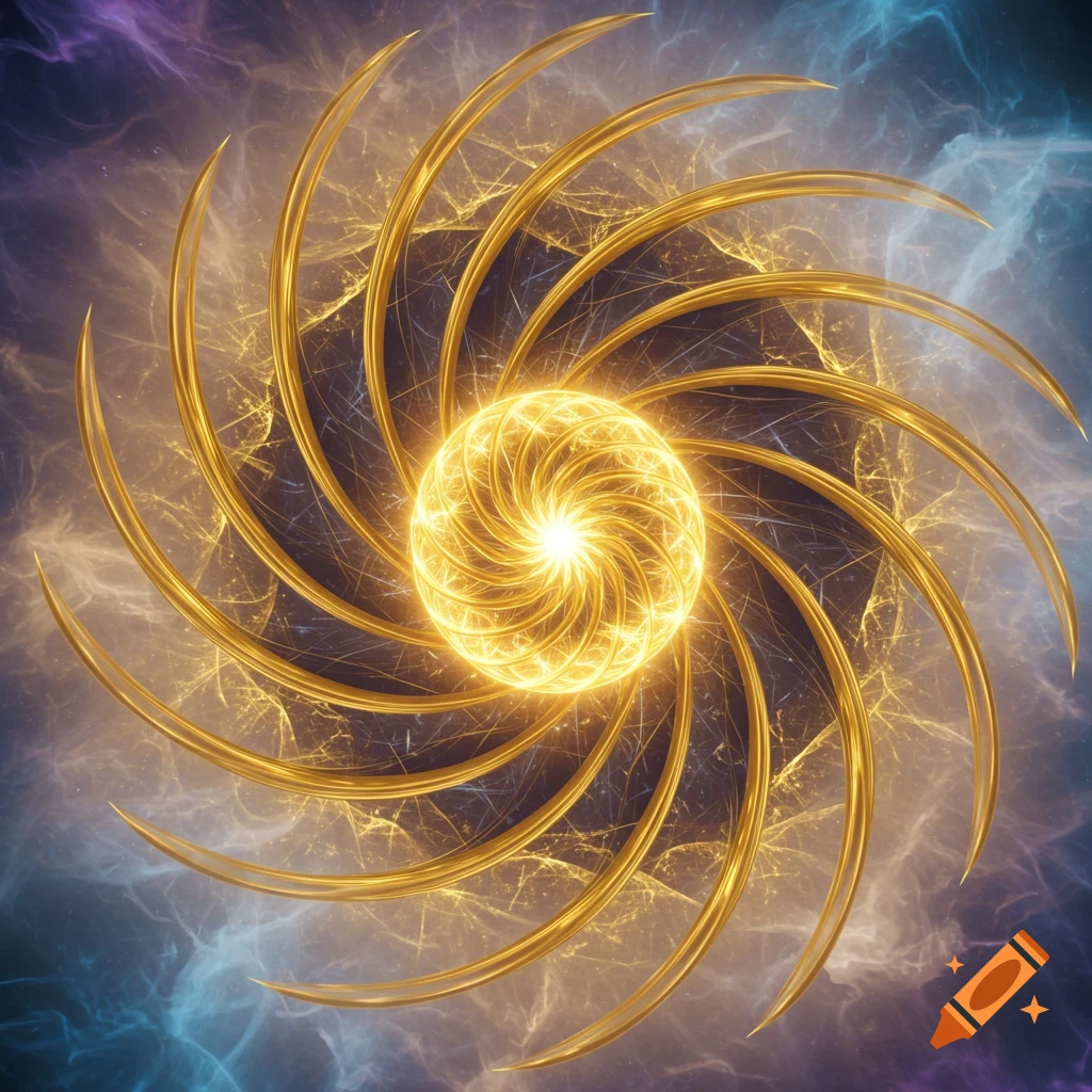 A glowing golden spiral design with a bright central orb, set against a vibrant cosmic nebula background.
