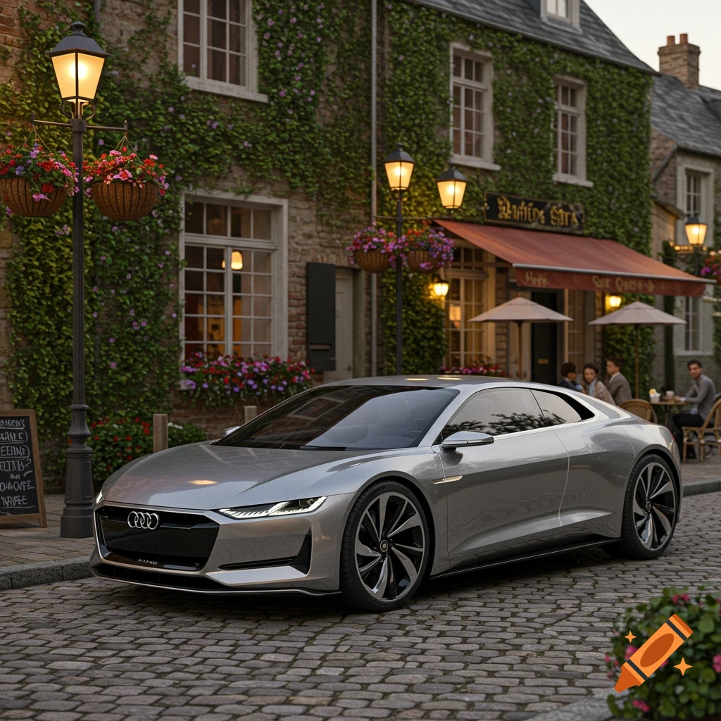 A silver Audi concept car parked on a cobblestone street in front of an ivy-covered building with a cafe awning.