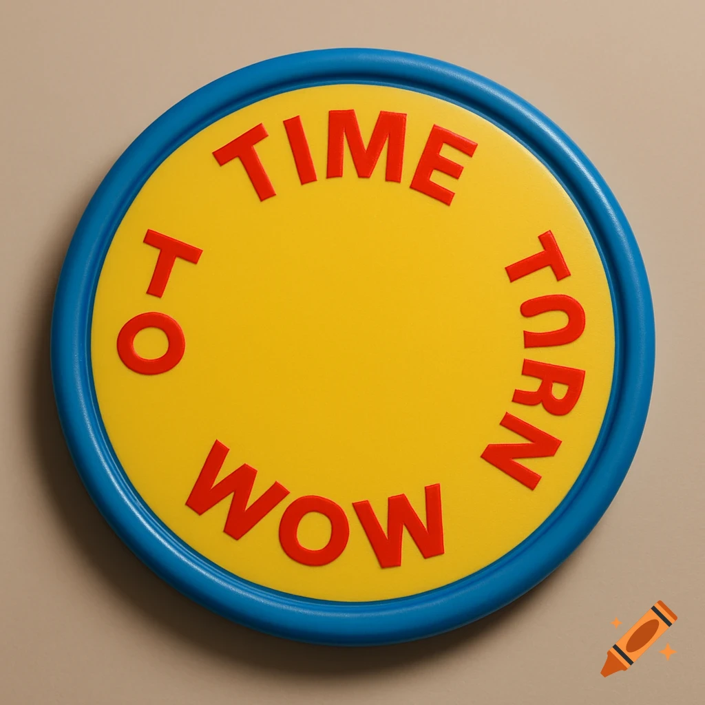 A blue-bordered yellow disc with red text "TIME TO WOW TURN" arranged in a circle.