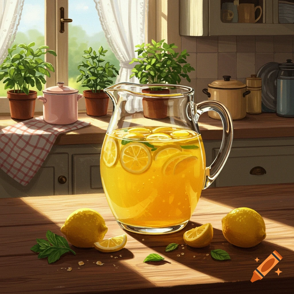 A vibrant illustration of a pitcher of lemonade and lemons on a wooden table in a sunny country kitchen.