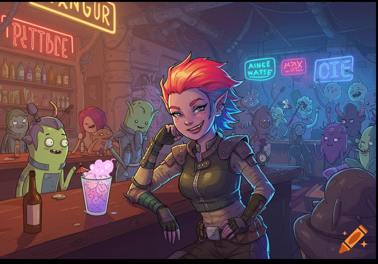 A smiling, red-haired space rogue with pointed ears sits at a neon-lit bar filled with various aliens, in an Adventure Time cartoon style.