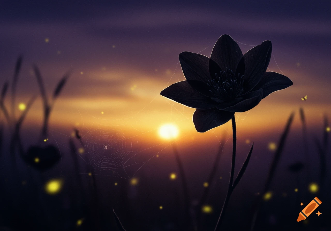 A silhouetted dark flower stands against a vibrant orange and purple sunset sky, with a visible spiderweb and glowing fireflies.