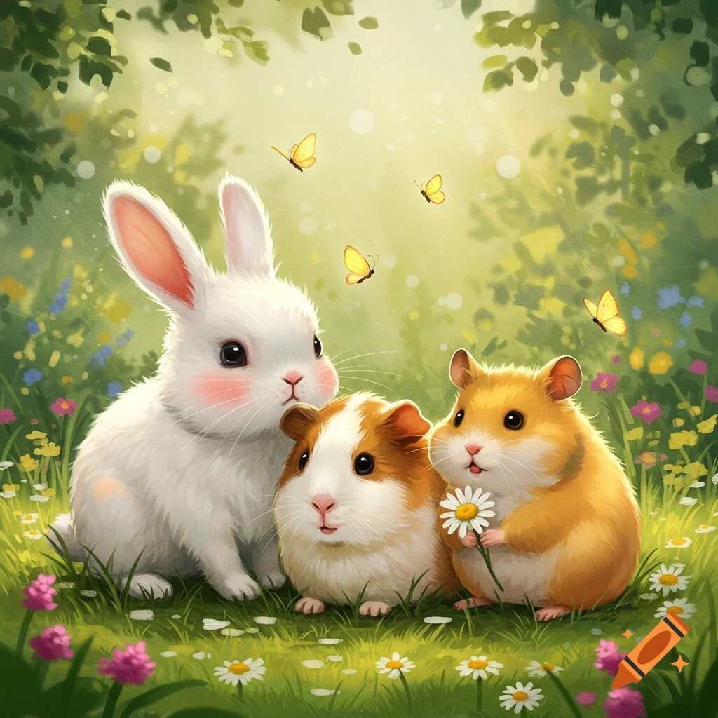 A cute white bunny, guinea pig, and hamster sit in a sunny meadow with wildflowers and butterflies, in a whimsical illustration.