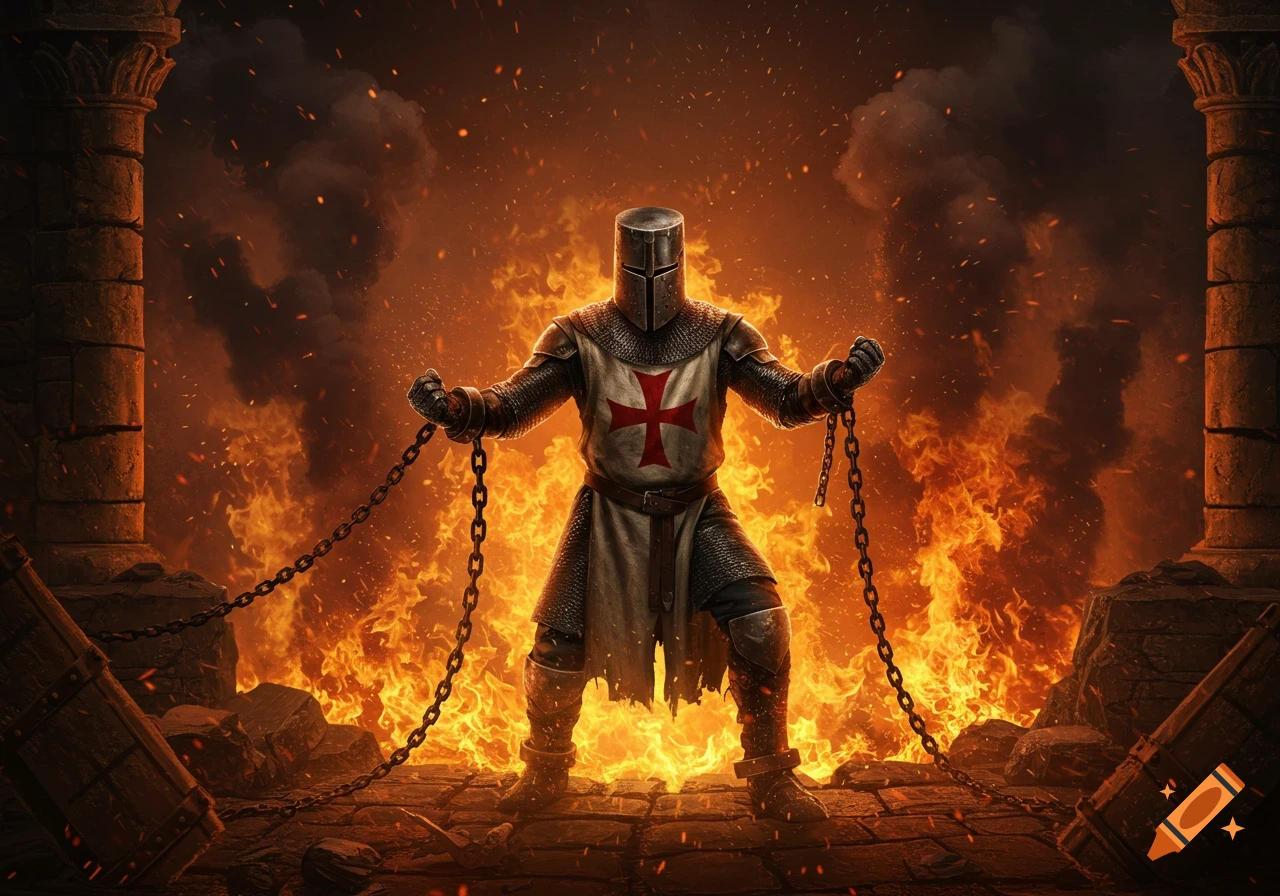 A medieval crusader in full armor with a red cross insignia breaks free from chains in a fiery, smoke-filled scene with stone pillars. Photorealistic style.