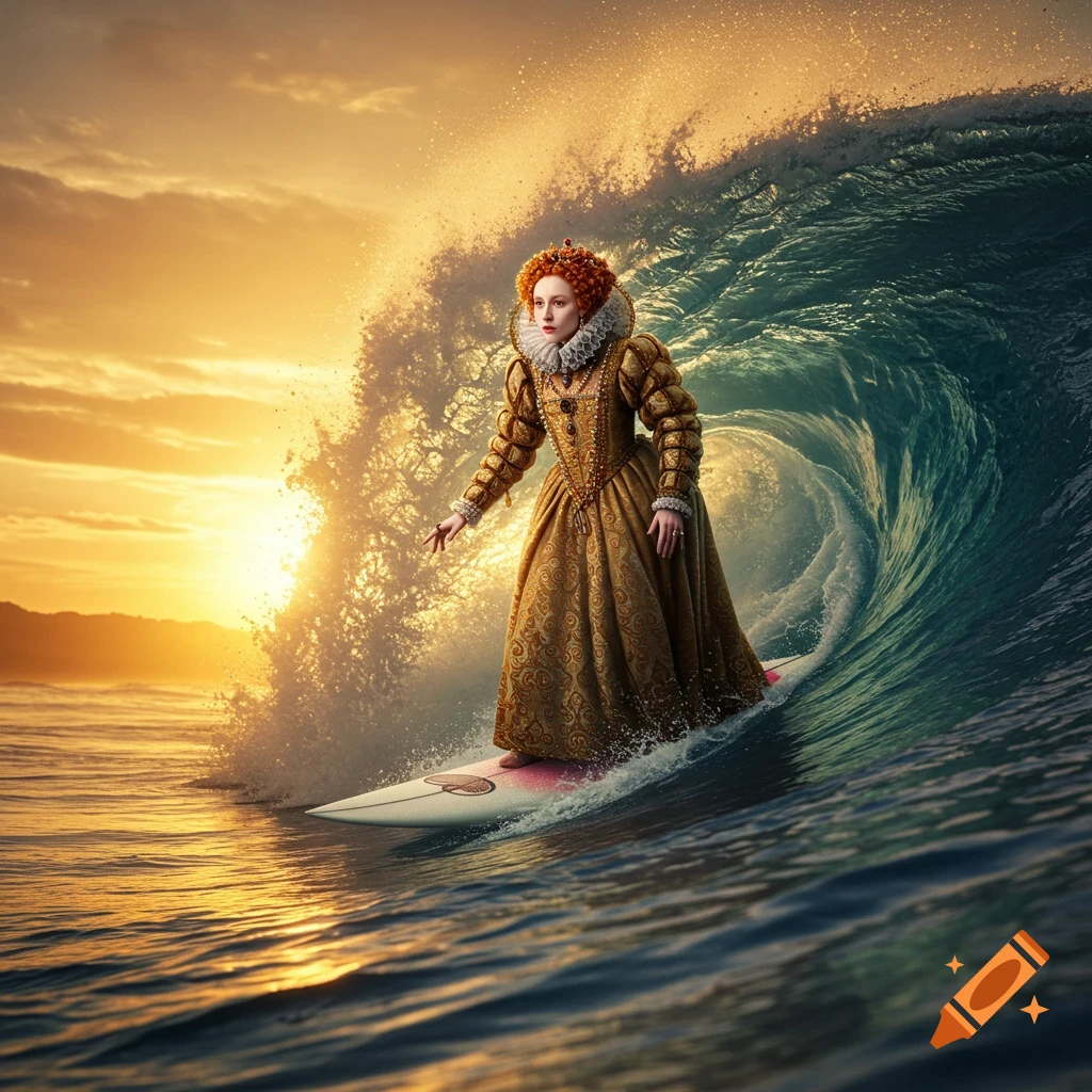 Queen Elizabeth I in a golden gown surfing a large wave at sunset, photorealistic.