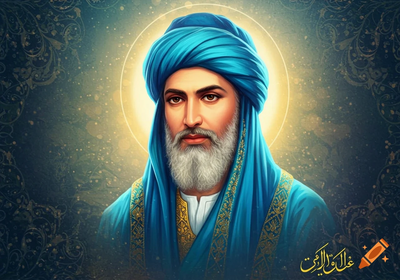 A stylized painting of a man with a white beard and a blue turban, surrounded by a golden halo, against a dark ornate background.