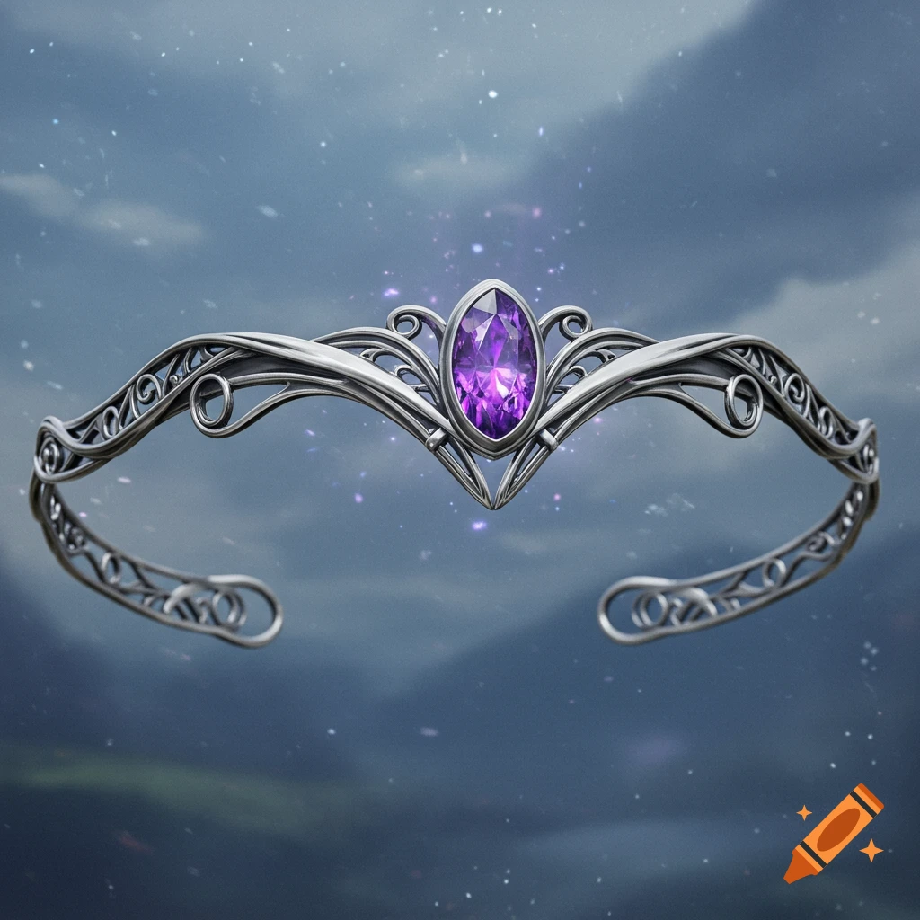 Ornate silver headpiece with a large oval purple gemstone against a soft, sparkling sky.