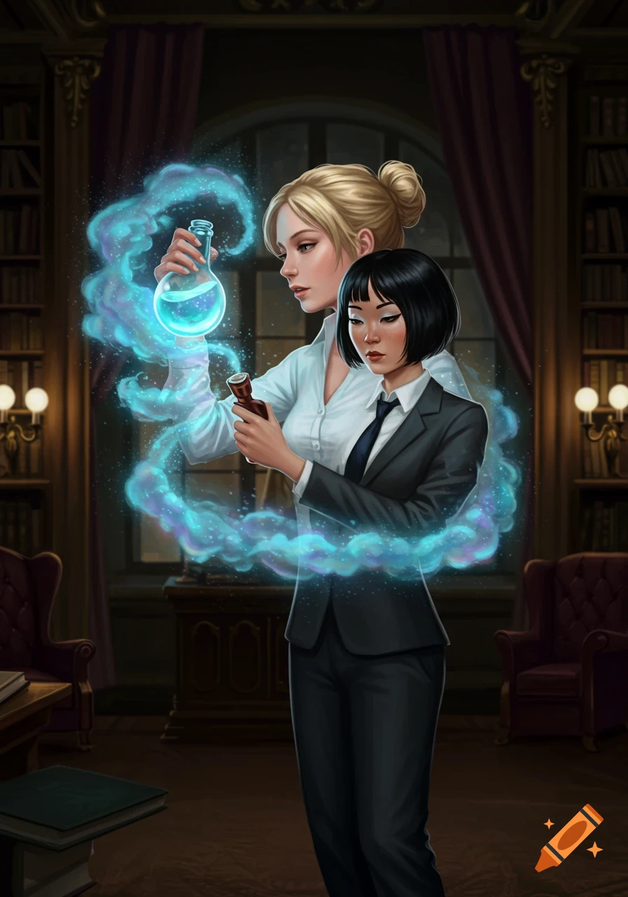 A blonde woman in a white shirt uncaps a glowing blue potion, surrounded by mist, next to an Asian woman in a suit in a library.