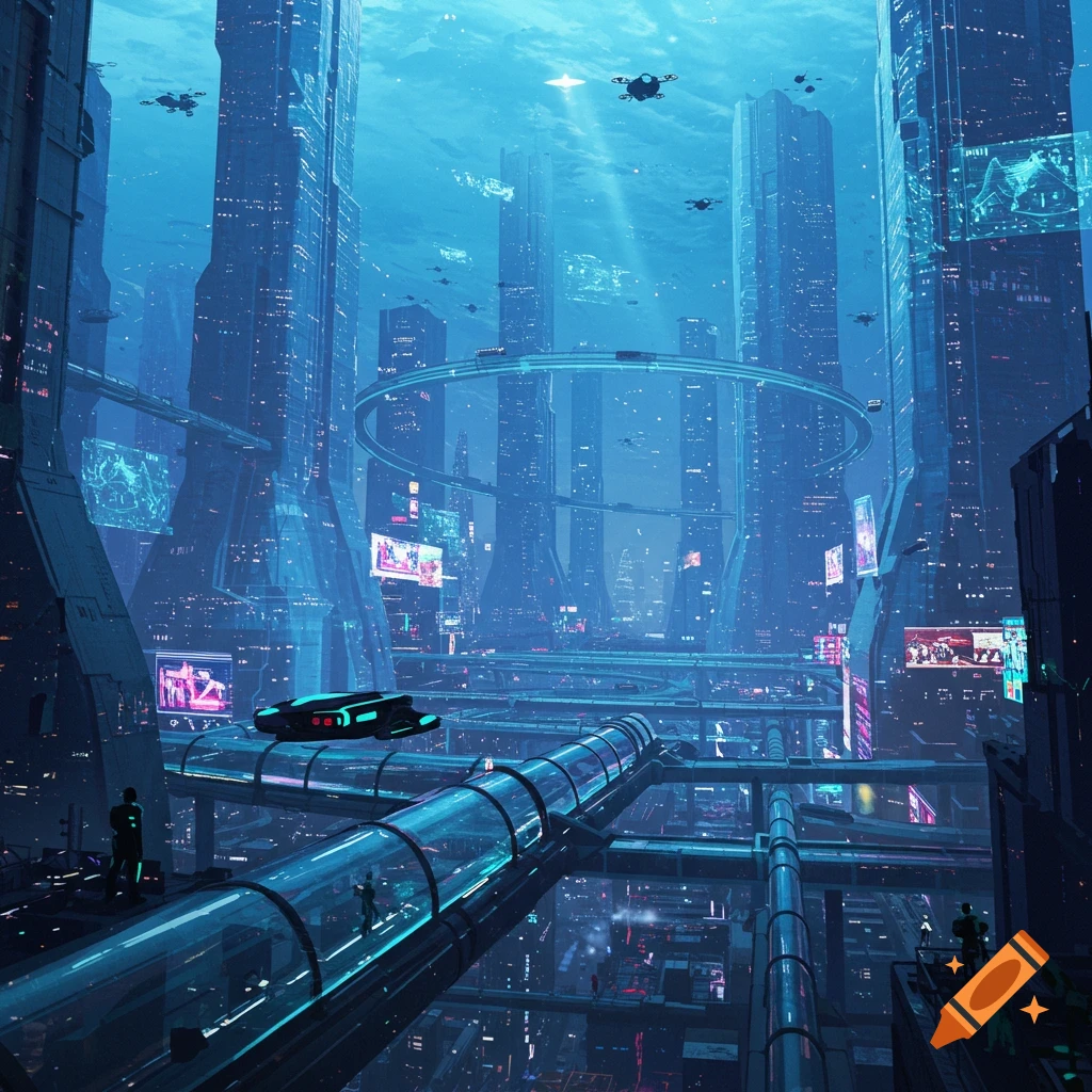 A vibrant, futuristic city at night, with towering skyscrapers, flying vehicles, and illuminated skywalks, all bathed in blue and teal neon light.