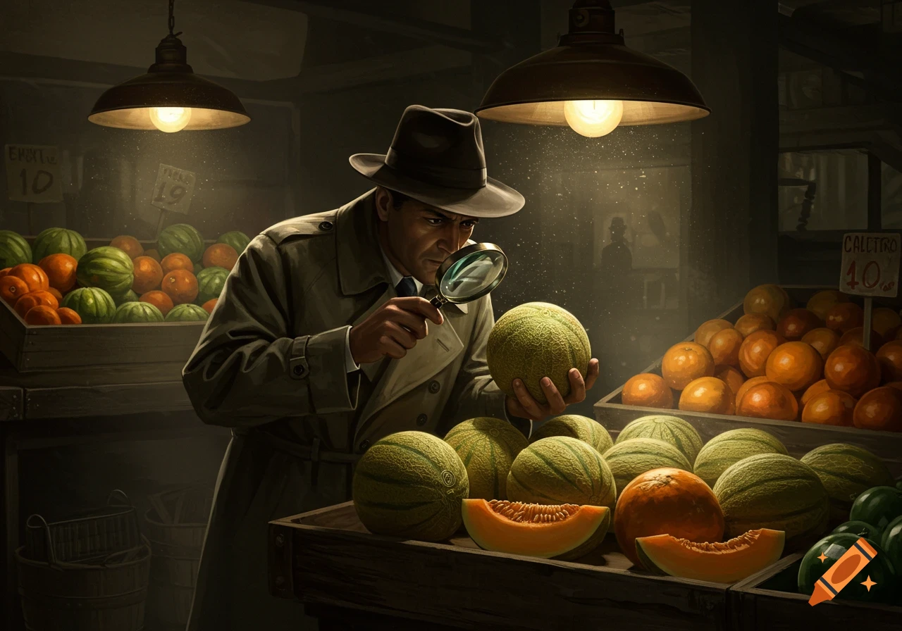 A detective in a trench coat and fedora examines a melon with a magnifying glass in a dimly lit fruit market.
