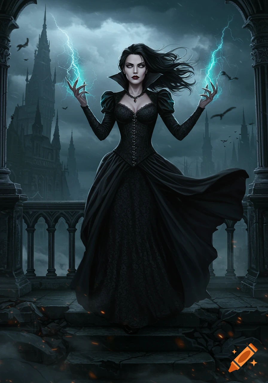 A dark sorceress in a black gown stands on a crumbling balcony, casting electric blue magic before a gothic castle at dusk.