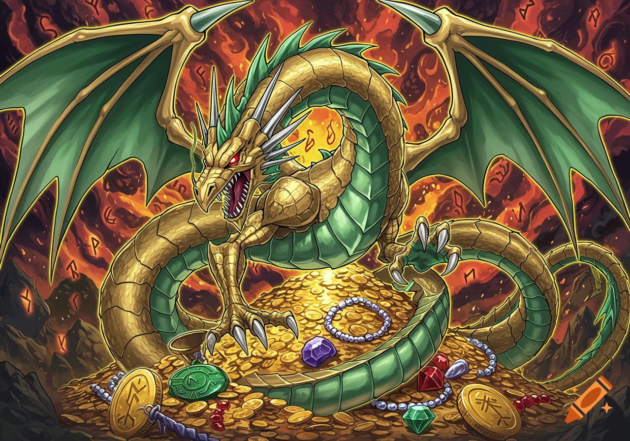 A golden and green dragon fiercely guards a pile of gold and jewels, surrounded by fiery runes, in a vibrant Yu-Gi-Oh art style.
