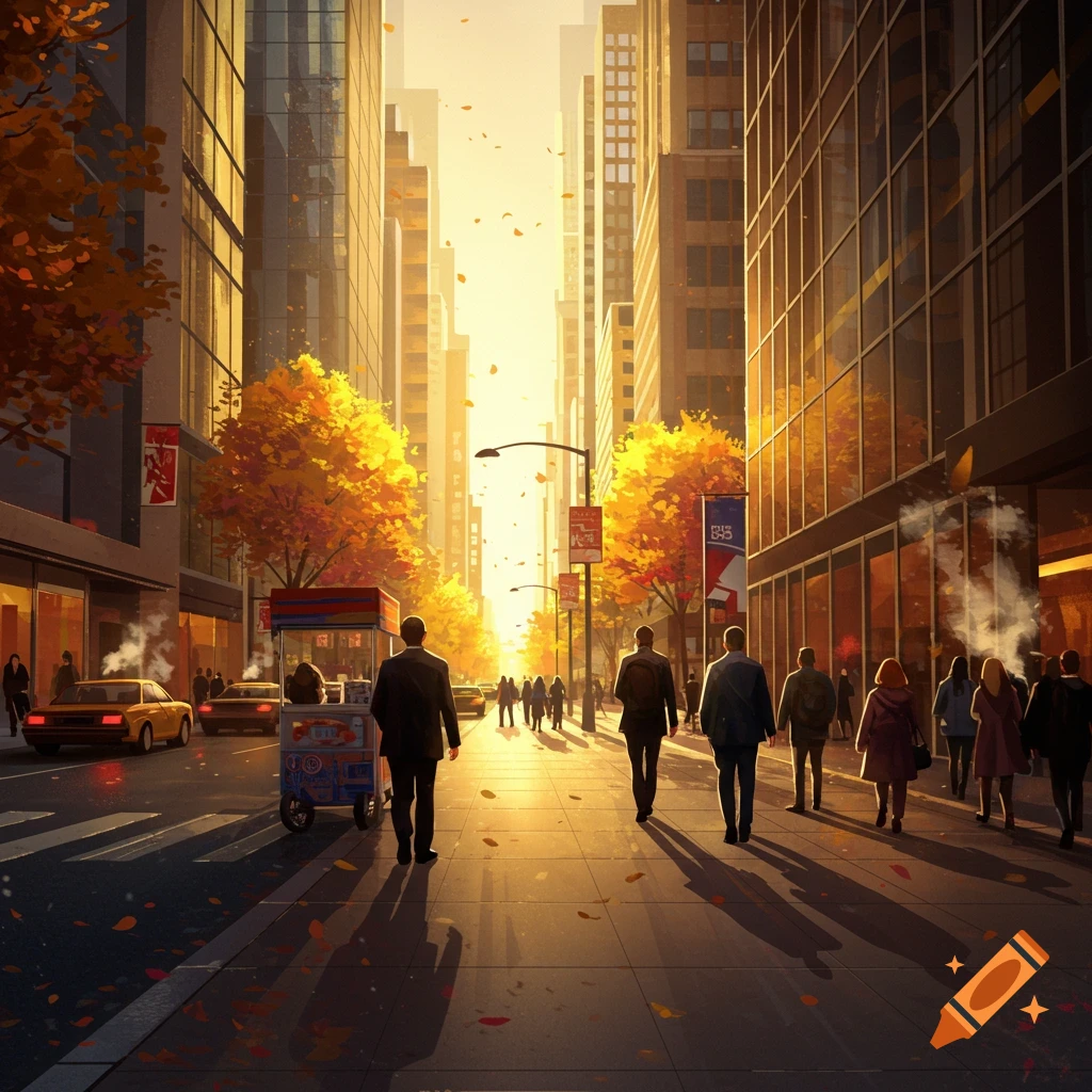 A stylized cityscape at sunset with autumn trees, people walking on the sidewalk, and tall buildings. Golden light illuminates the street.