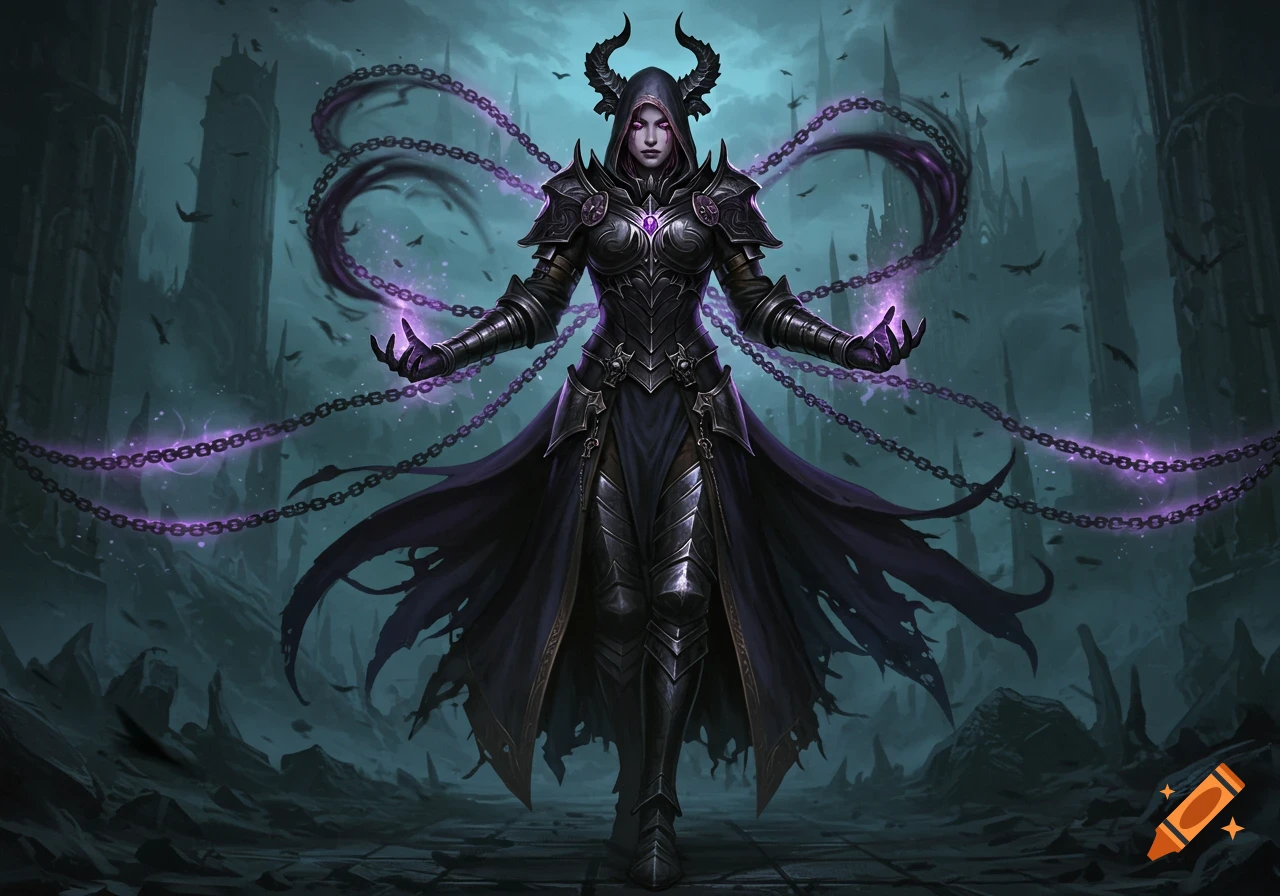 A dark fantasy character in a horned hood, dark armor, and flowing robes, radiating purple energy and bound by mystical chains in a gothic world. Detailed illustration.