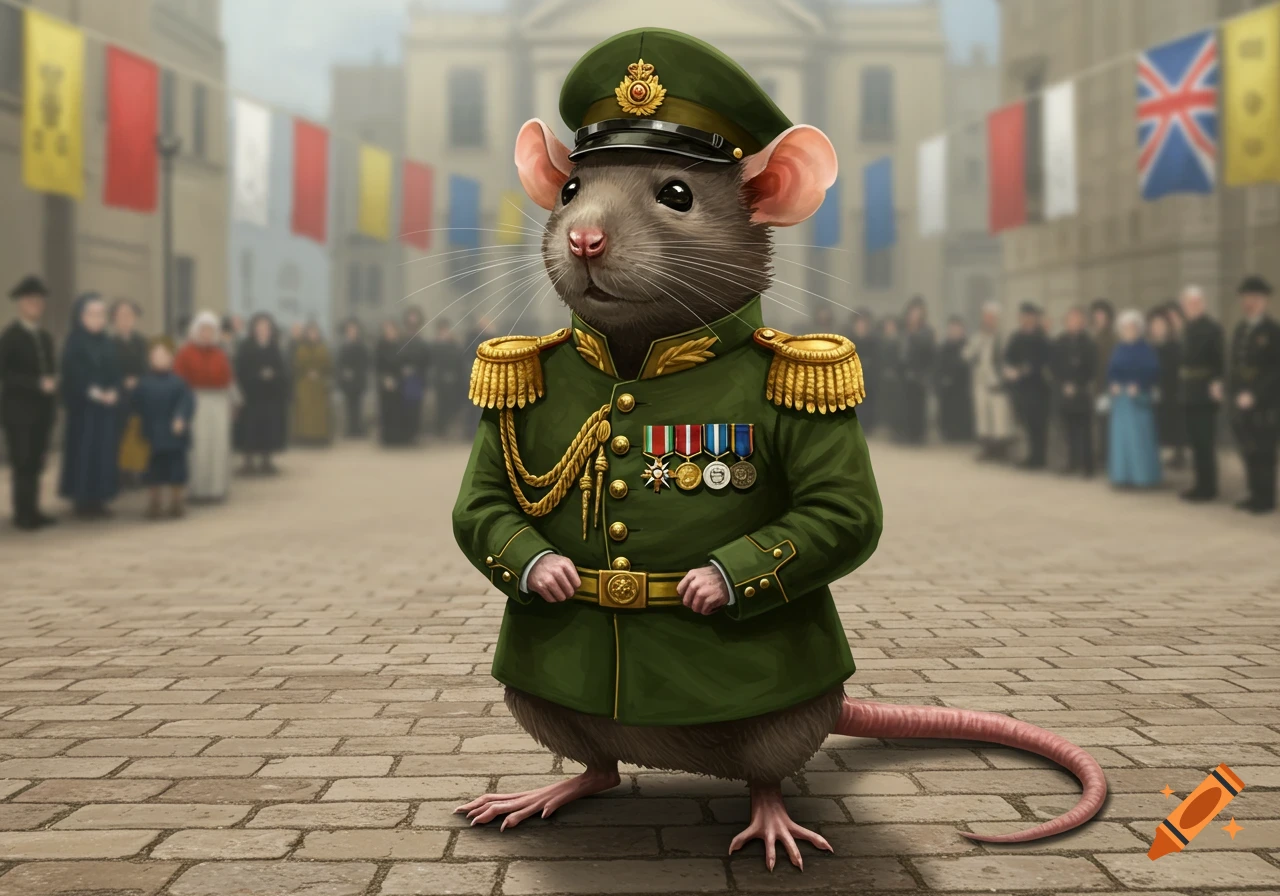 A detailed anthropomorphic rat in a green military uniform with medals and a cap stands on a cobblestone street before a blurred crowd.