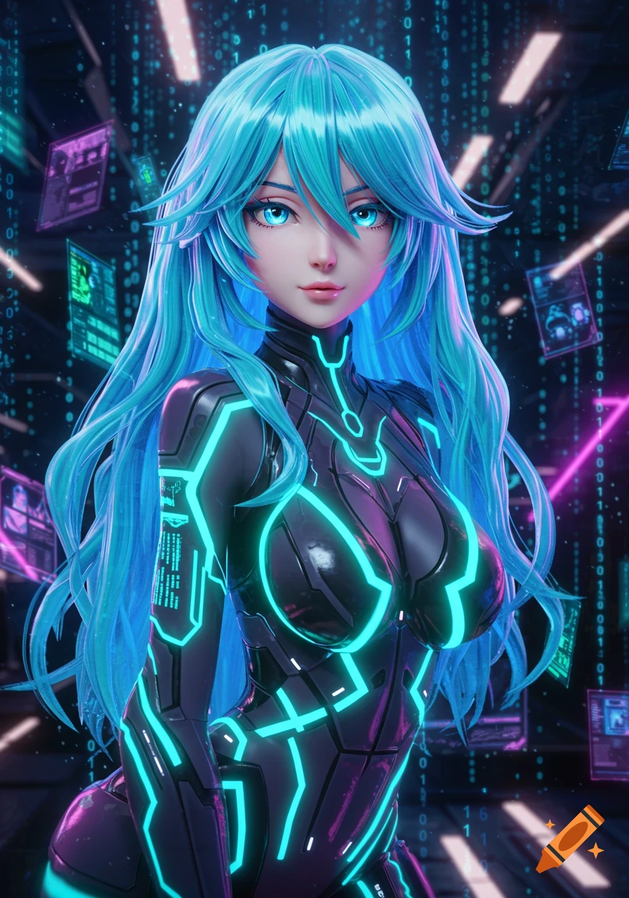 An anime character with long bright blue hair and glowing blue eyes, wearing a black futuristic suit with neon blue circuit patterns, stands in a digital matrix background.