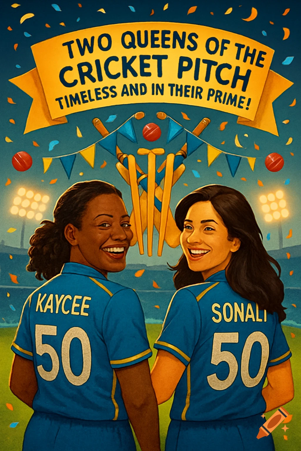 A vibrant illustration of two female cricketers, Kaycee and Sonali, wearing blue jerseys with '50' on the back, smiling over their shoulders on a cricket pitch. A banner above reads 'TWO QUEENS OF THE CRICKET PITCH TIMELESS AND IN THEIR PRIME!'.