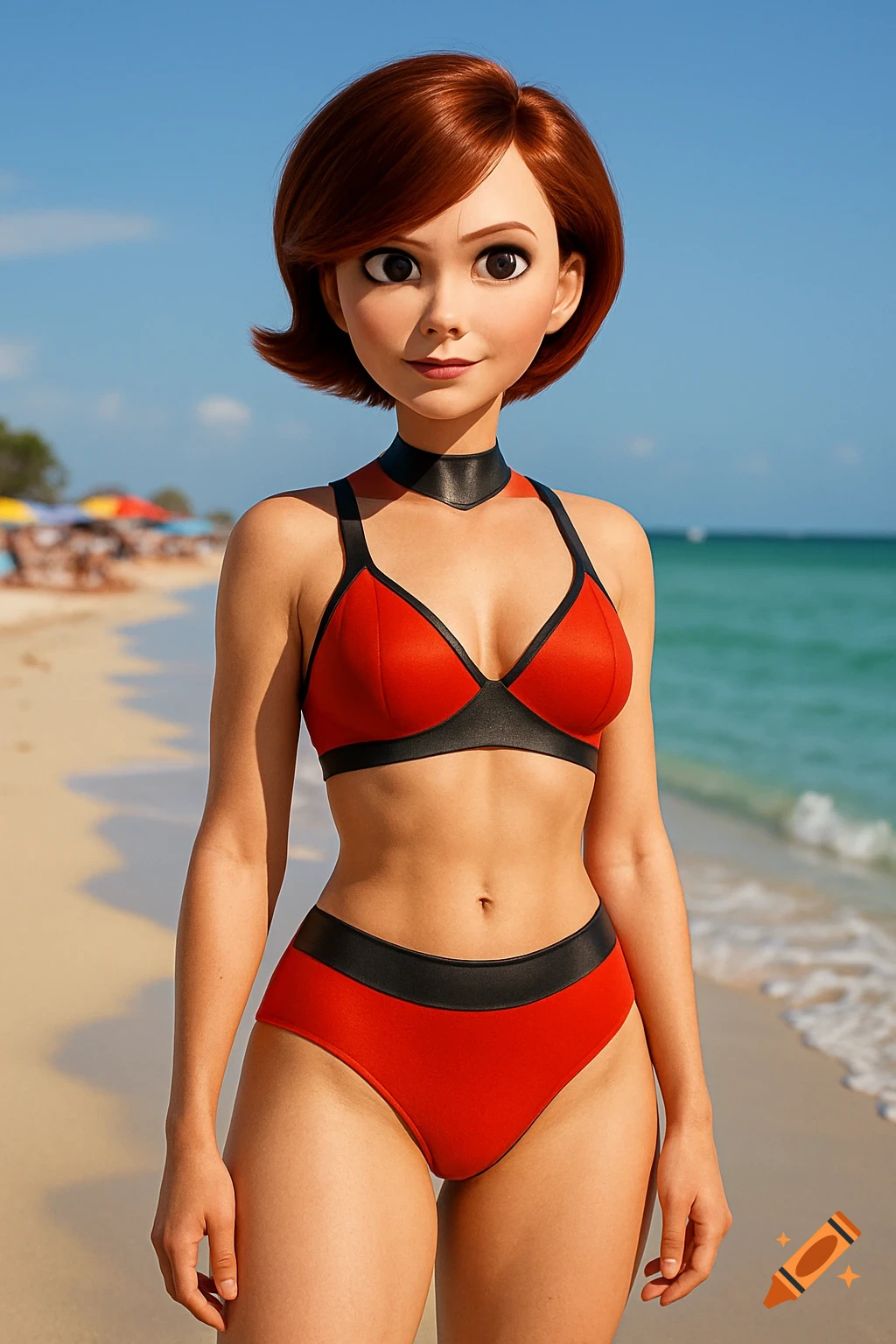 Stylized Elastigirl character in a red and black bikini on a sunny beach.