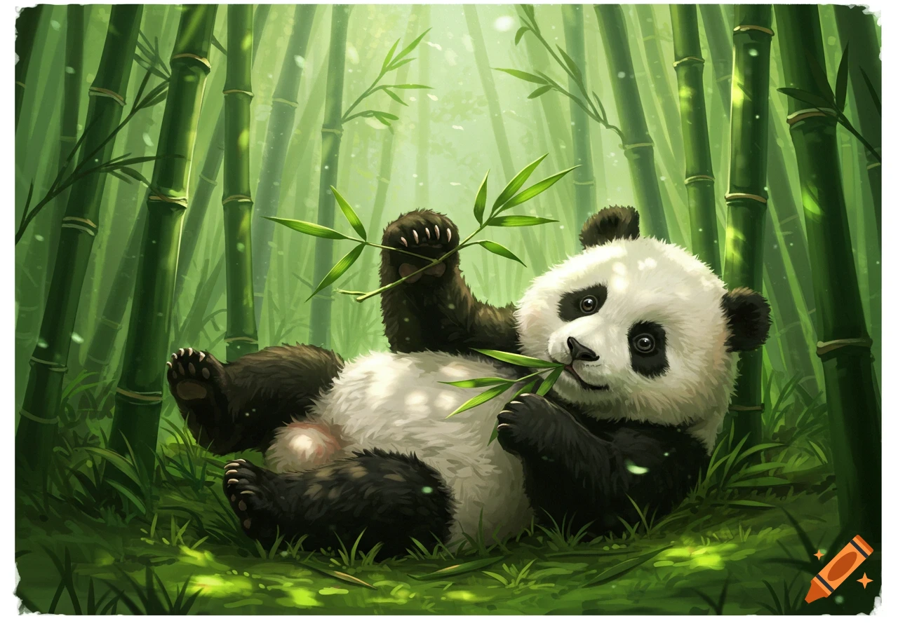 A cute illustrative baby panda lies on its back in a bamboo forest, eating a bamboo branch.