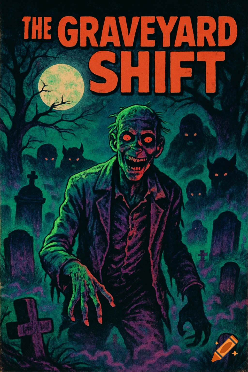 A green zombie with glowing red eyes stands in a graveyard with shadowy monsters in a retro horror comic art style.