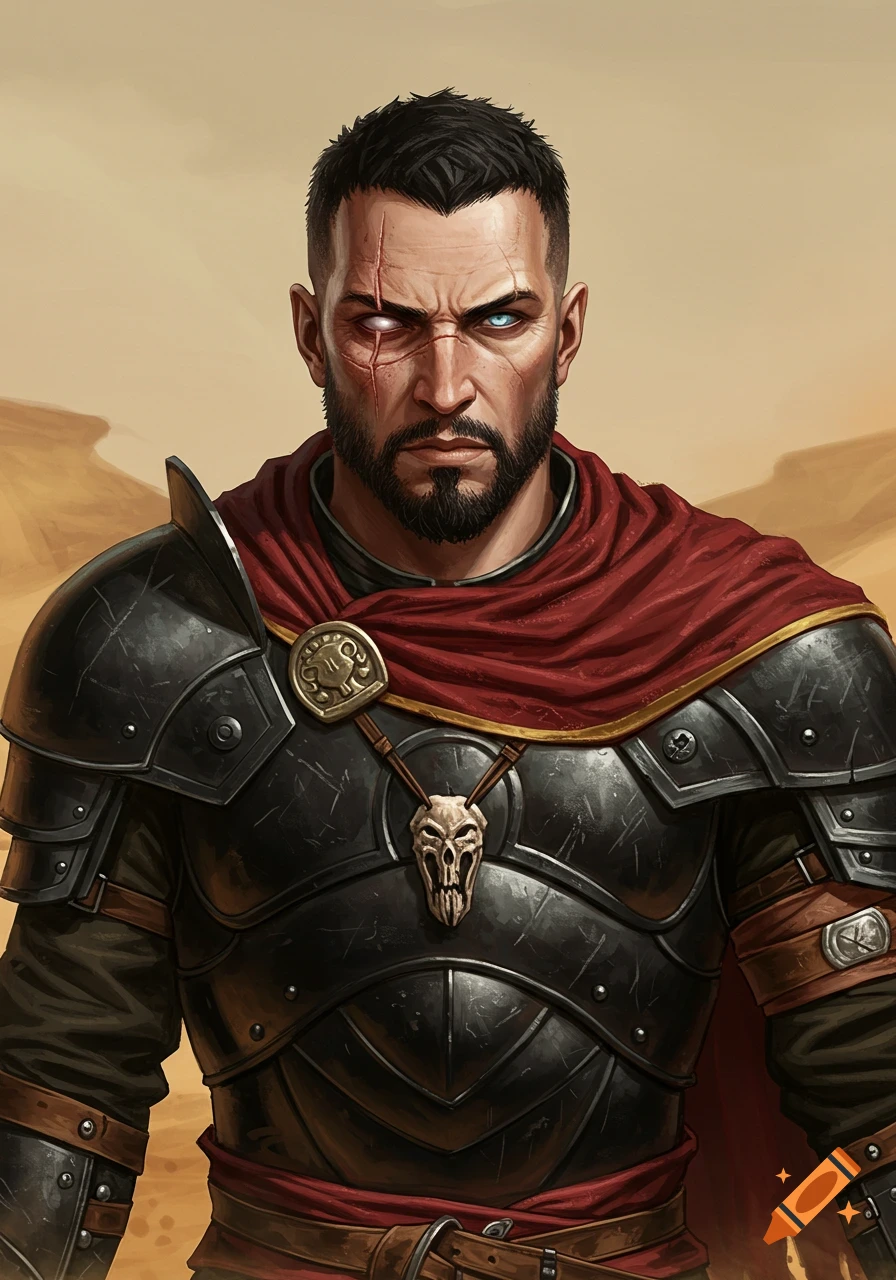 A realistic fantasy illustration of a scarred male warrior with black armor, a red cape, and a skull amulet, standing in a desert.