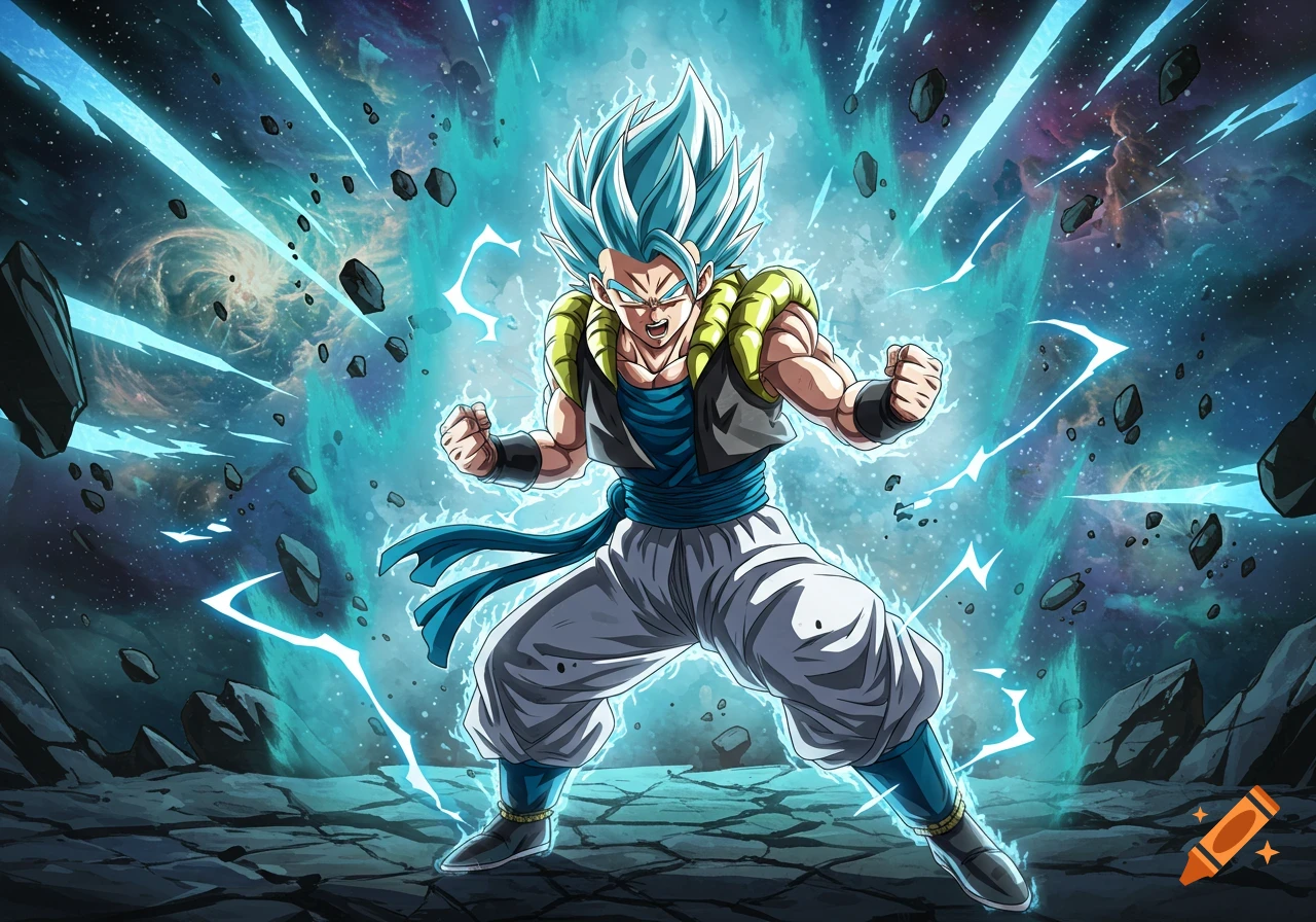 Gogeta from Dragon Ball, with blue spiky hair and glowing blue aura, powering up in an anime art style against a cosmic background.