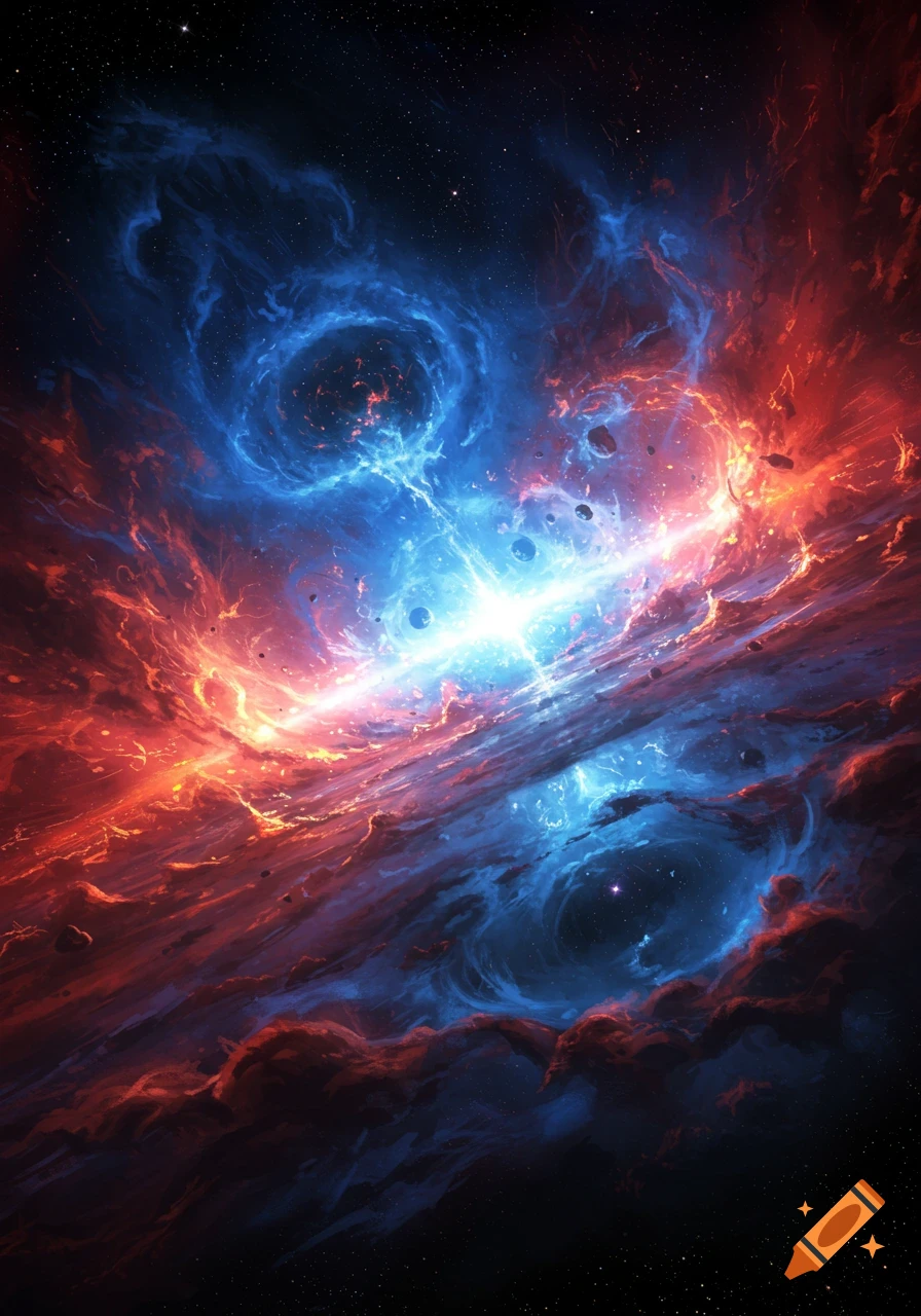 Vibrant cosmic nebula with swirling blue and red gases, bright central light, and scattered stars against a dark space background.