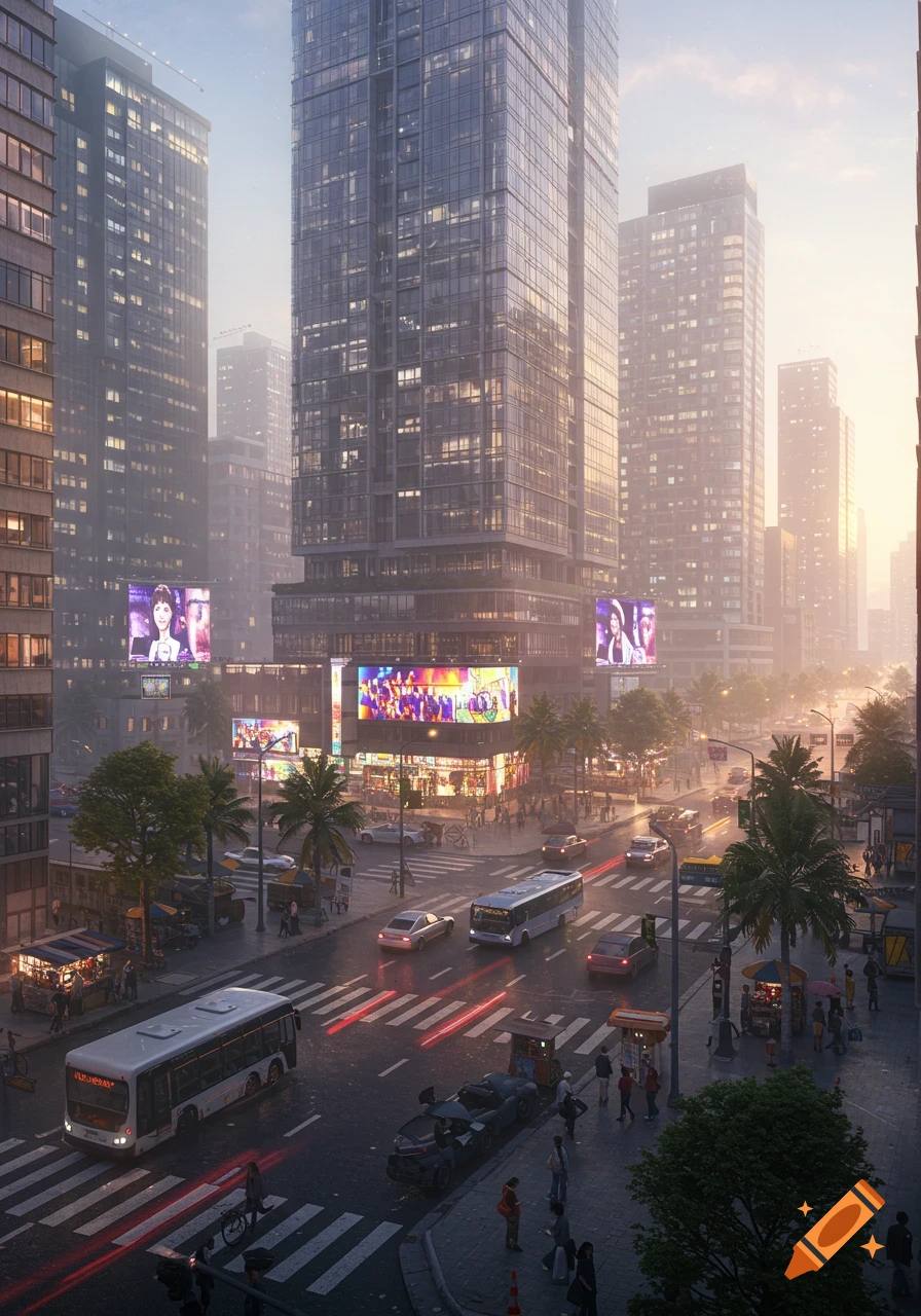 A high-angle view of a bustling city street at dusk, featuring towering glass skyscrapers, illuminated billboards, buses, cars, and pedestrians.
