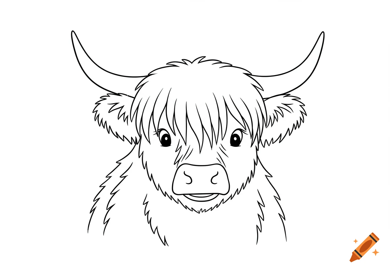 Black and white outline drawing of a cute Highland cow's head, facing forward.